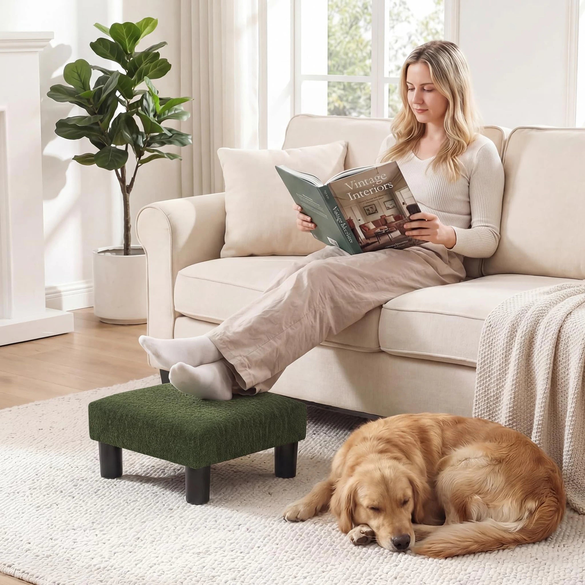 Joveco Deep Green Velvet Footrest Stool – lifestyle room view