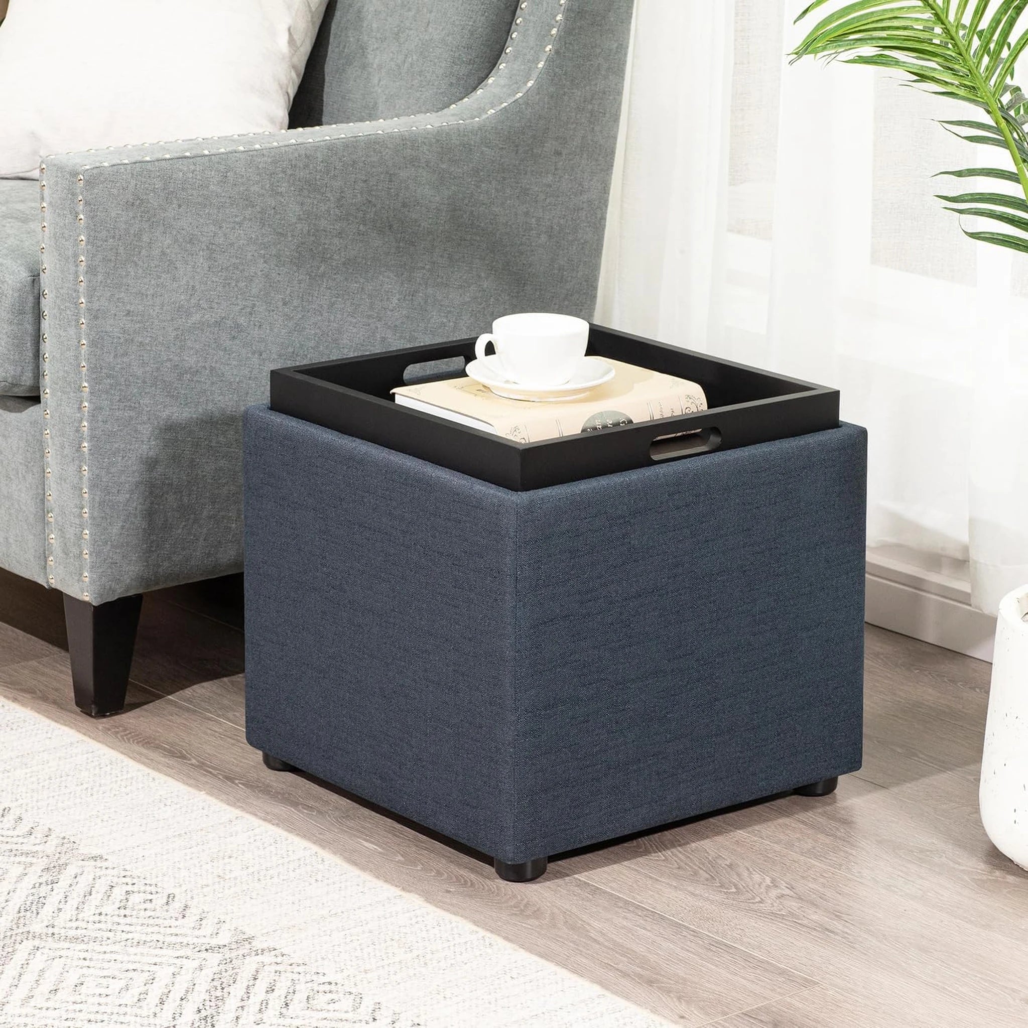Joveco Denim Gray Tray-Top Linen Square Storage Ottoman – lifestyle room view