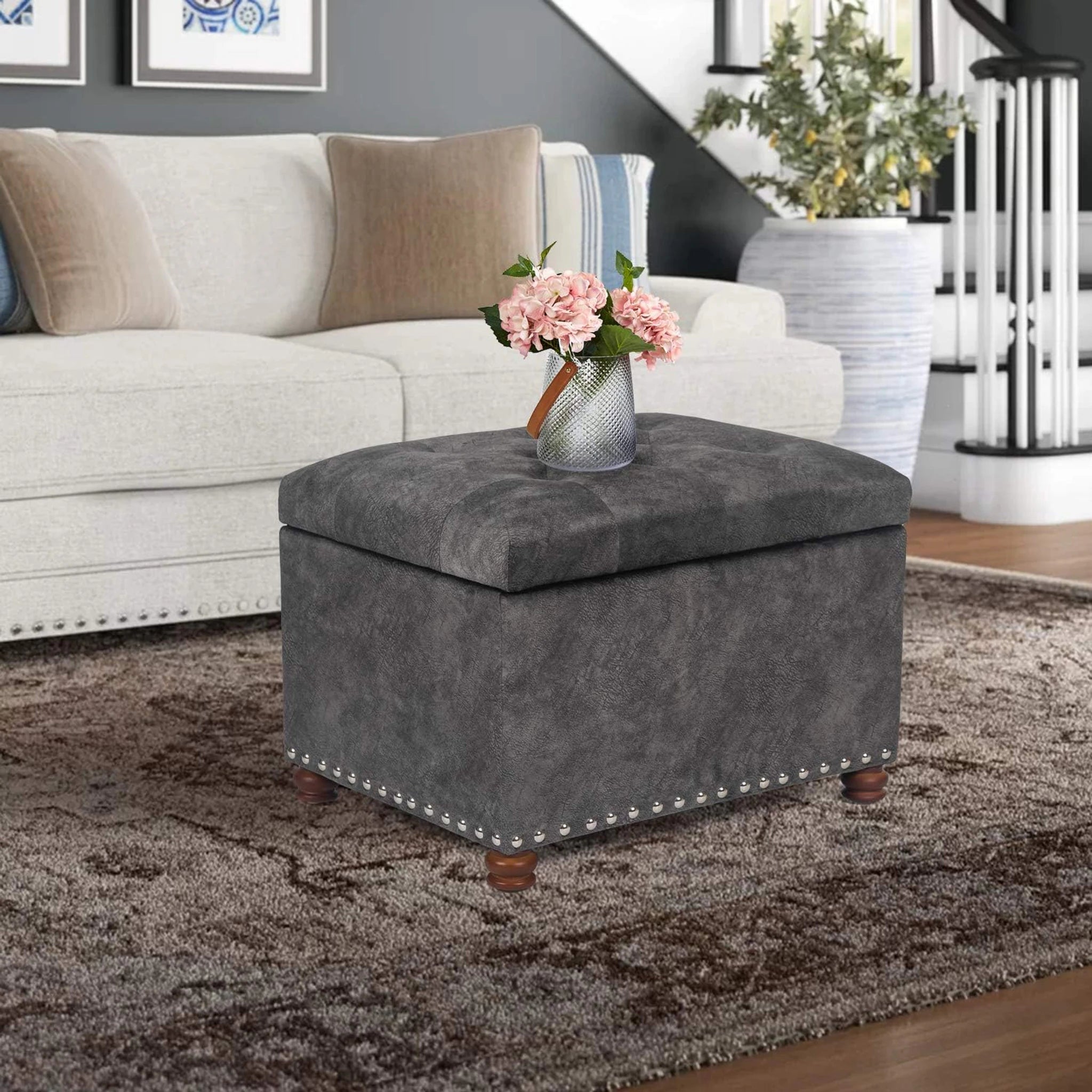 Joveco Gray Fabric Storage Ottoman – lifestyle room view