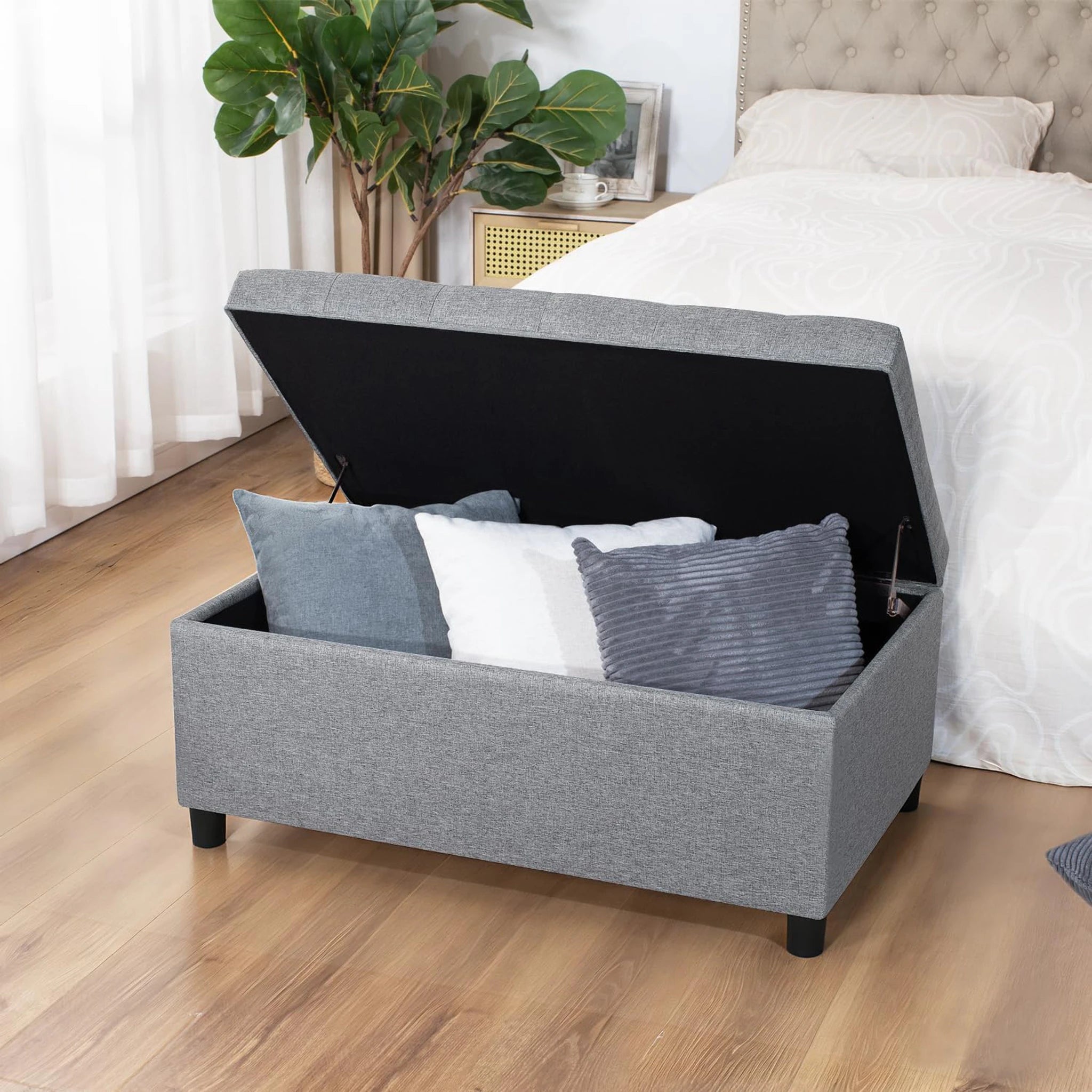 Joveco Gray Lift-Top Linen Storage Ottoman Bench – lifestyle room view