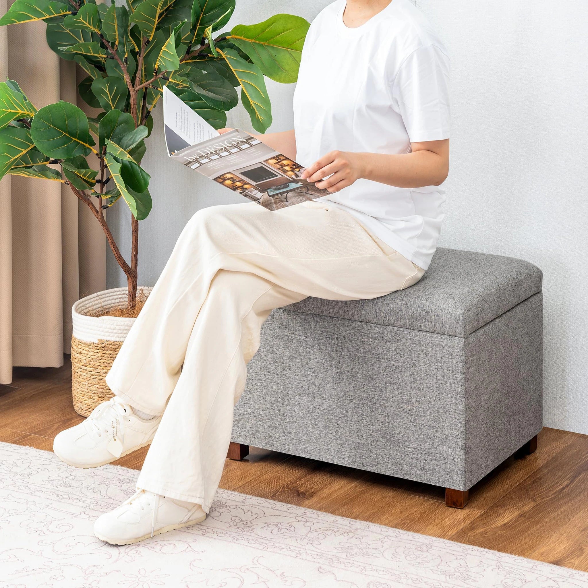 Joveco Gray Tufted Faux Leather Storage Ottoman – lifestyle room view