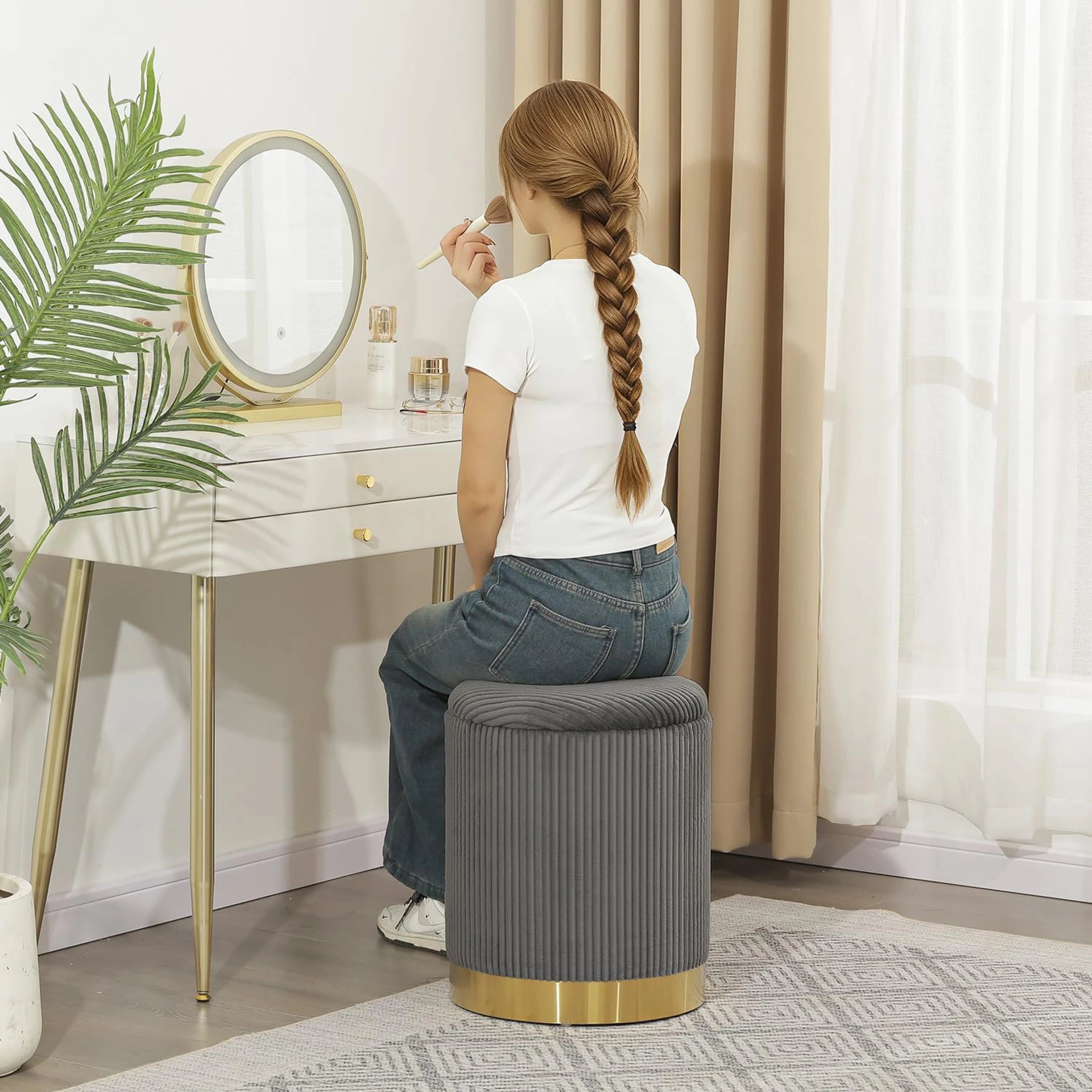 Joveco Grey Velvet Round Storage Ottoman – lifestyle room view