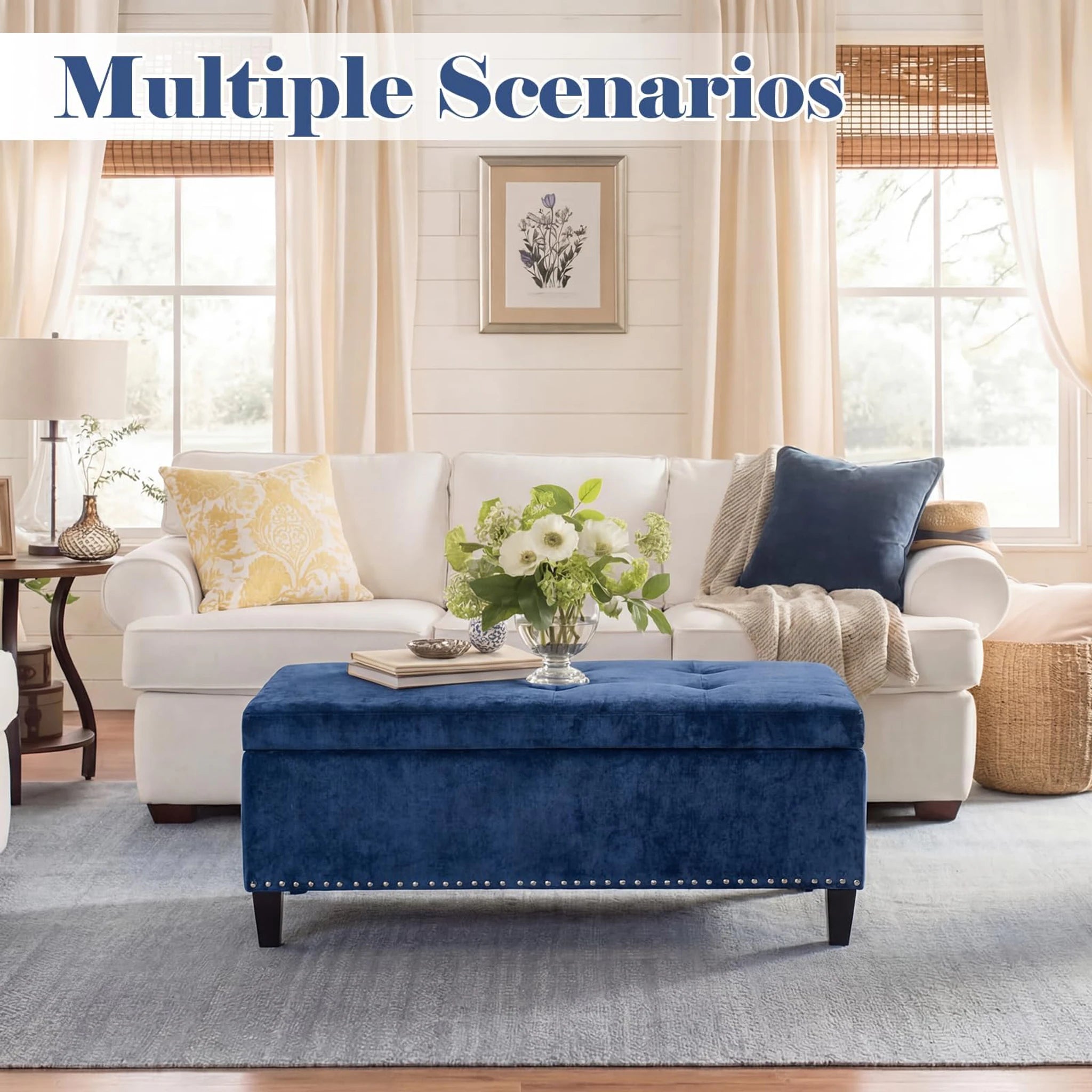 Joveco Navy Blue Tufted Linen Storage Ottoman – lifestyle room view