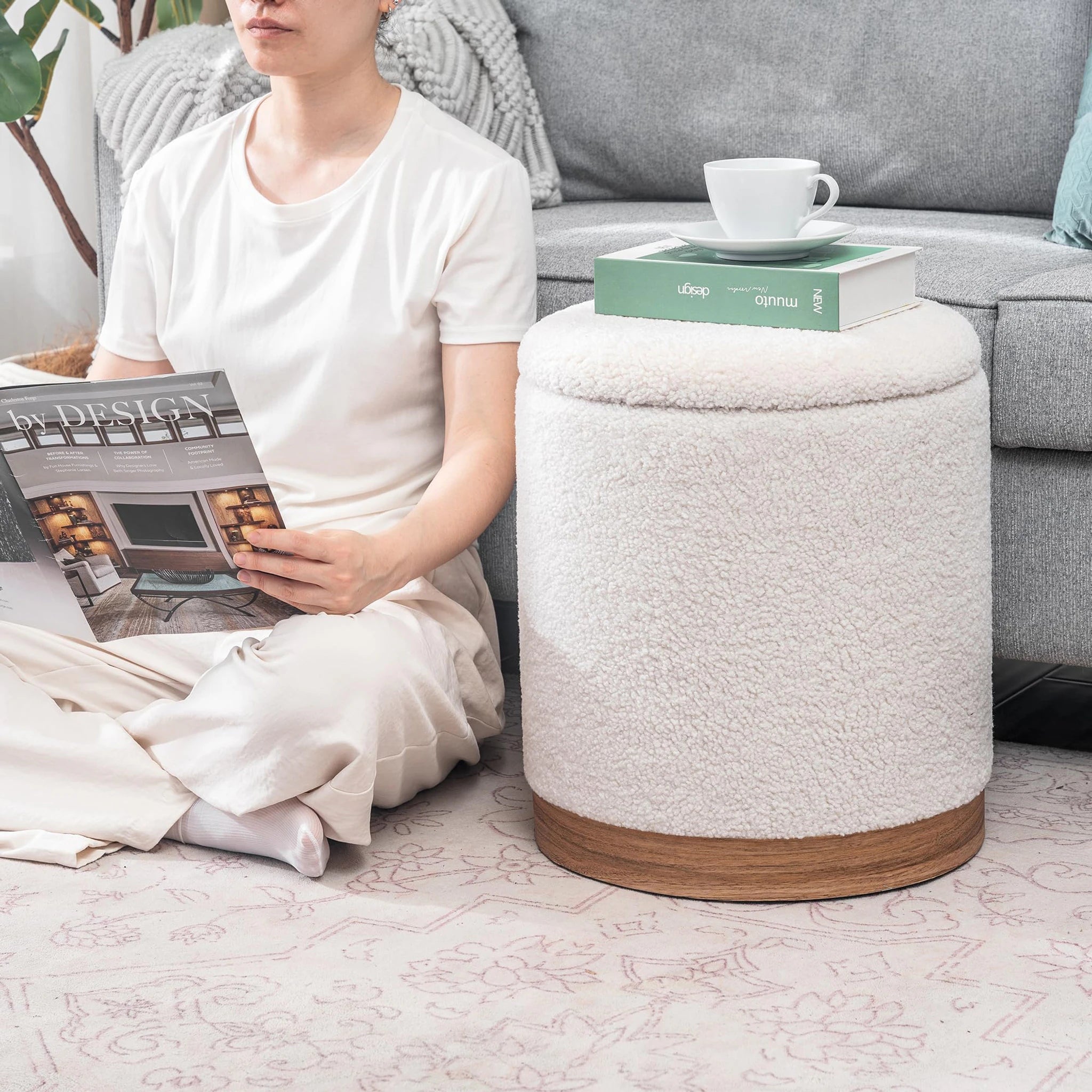 Joveco Oatmeal Wood Trim Metro Round Boucle Storage Ottoman – lifestyle room view