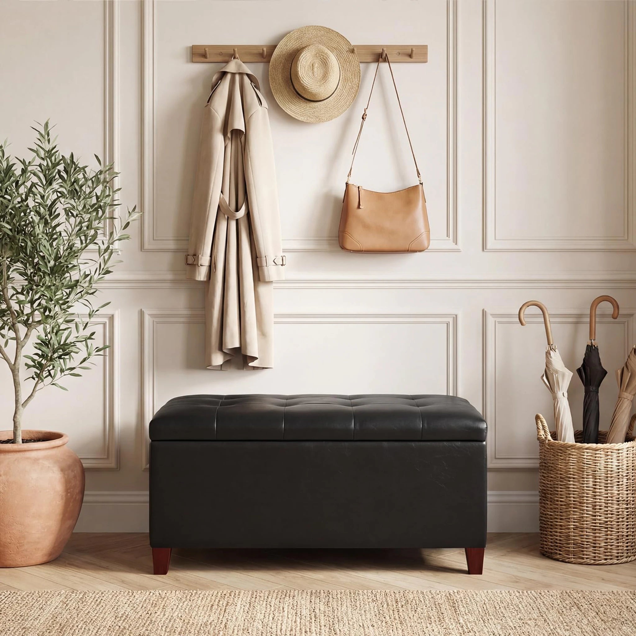 Joveco Rectangular Black Tufted Faux Leather Storage Ottoman – lifestyle room view