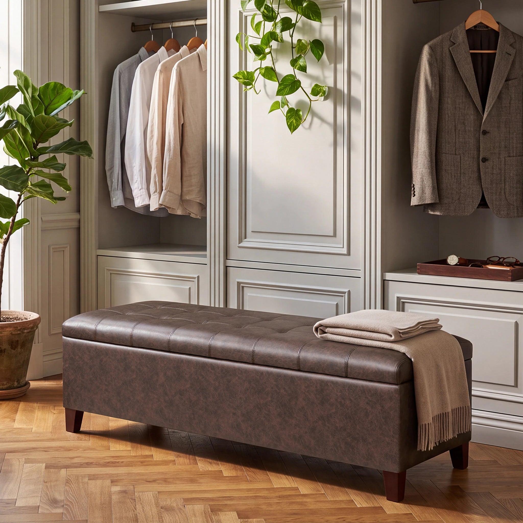 Joveco Vintage Brown Tufted Faux Leather Storage Ottoman Bench – lifestyle room view