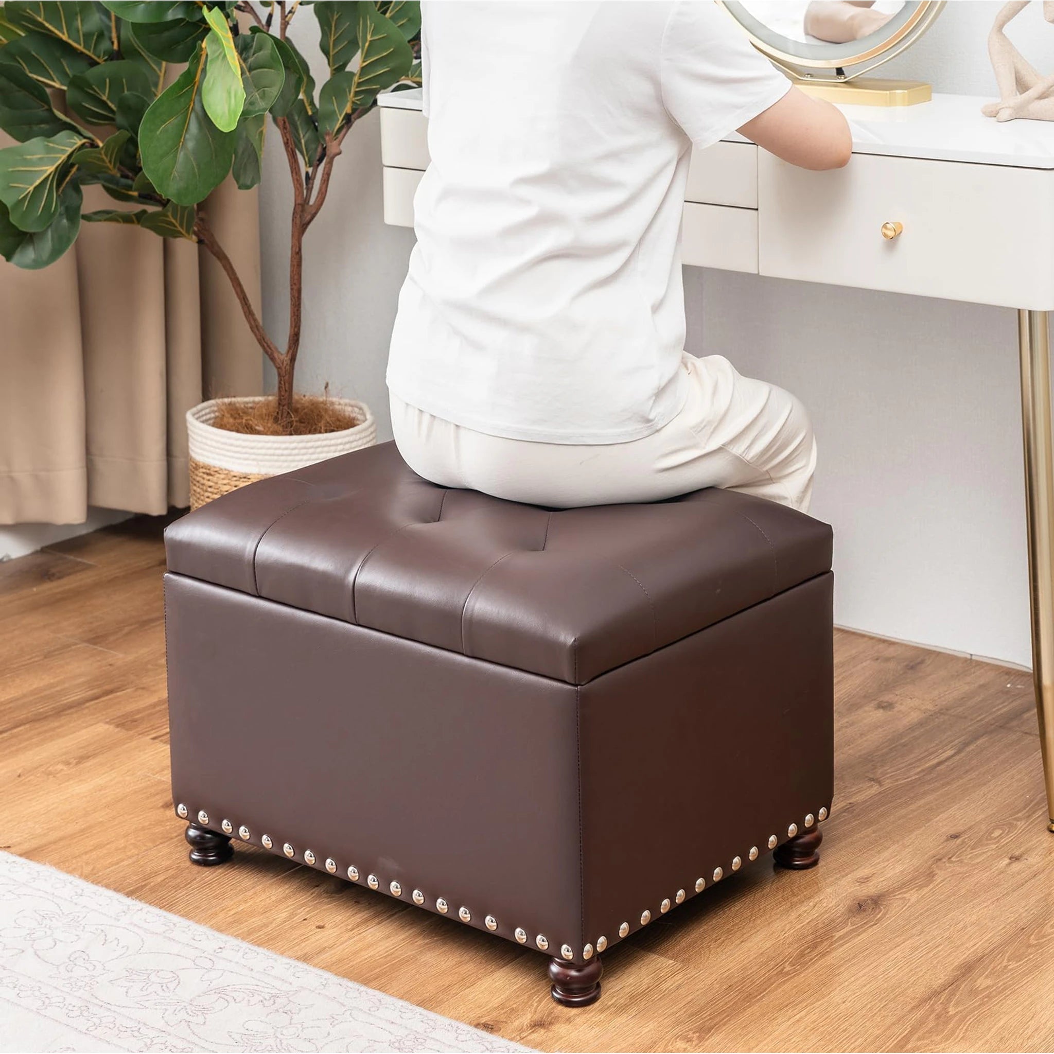 Joveco Navy Blue Upholstered Storage Ottoman – detail and materials view