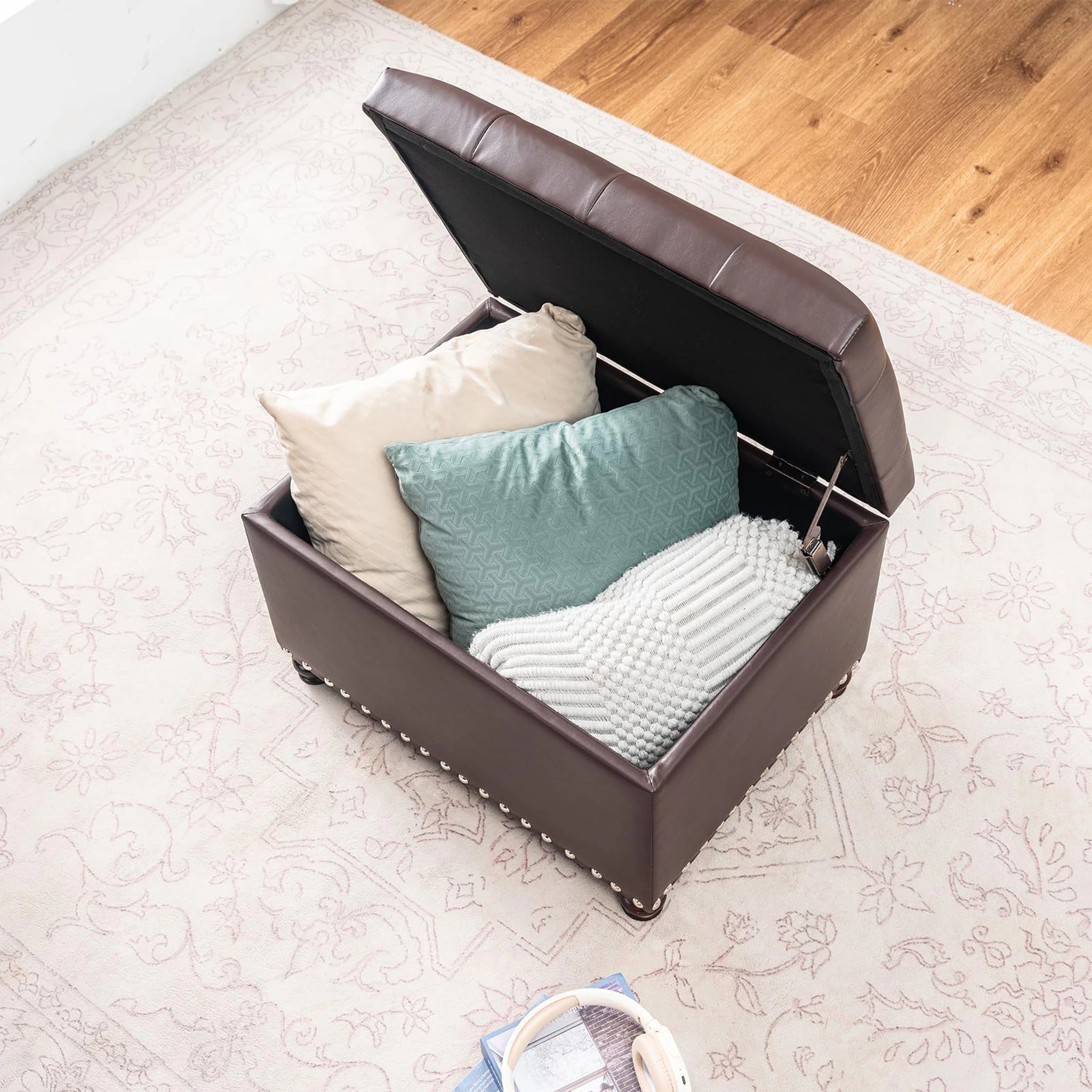 Joveco Navy Blue Upholstered Storage Ottoman – lifestyle room view