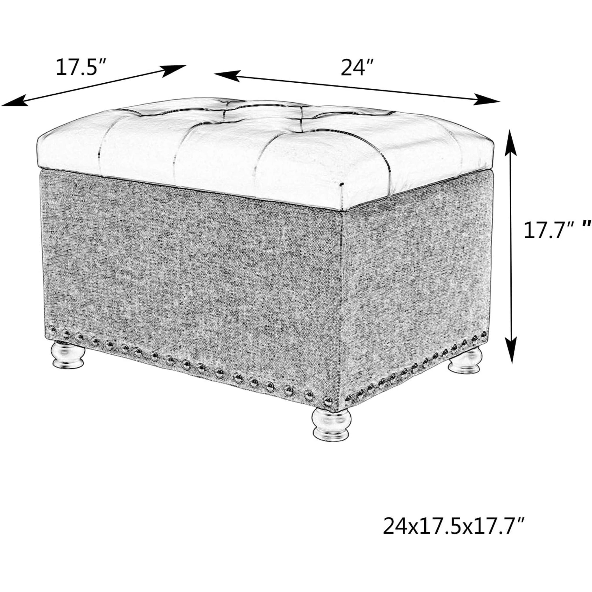 Adeco Cyan Lift-Top Tufted Storage Ottoman – dimensions chart