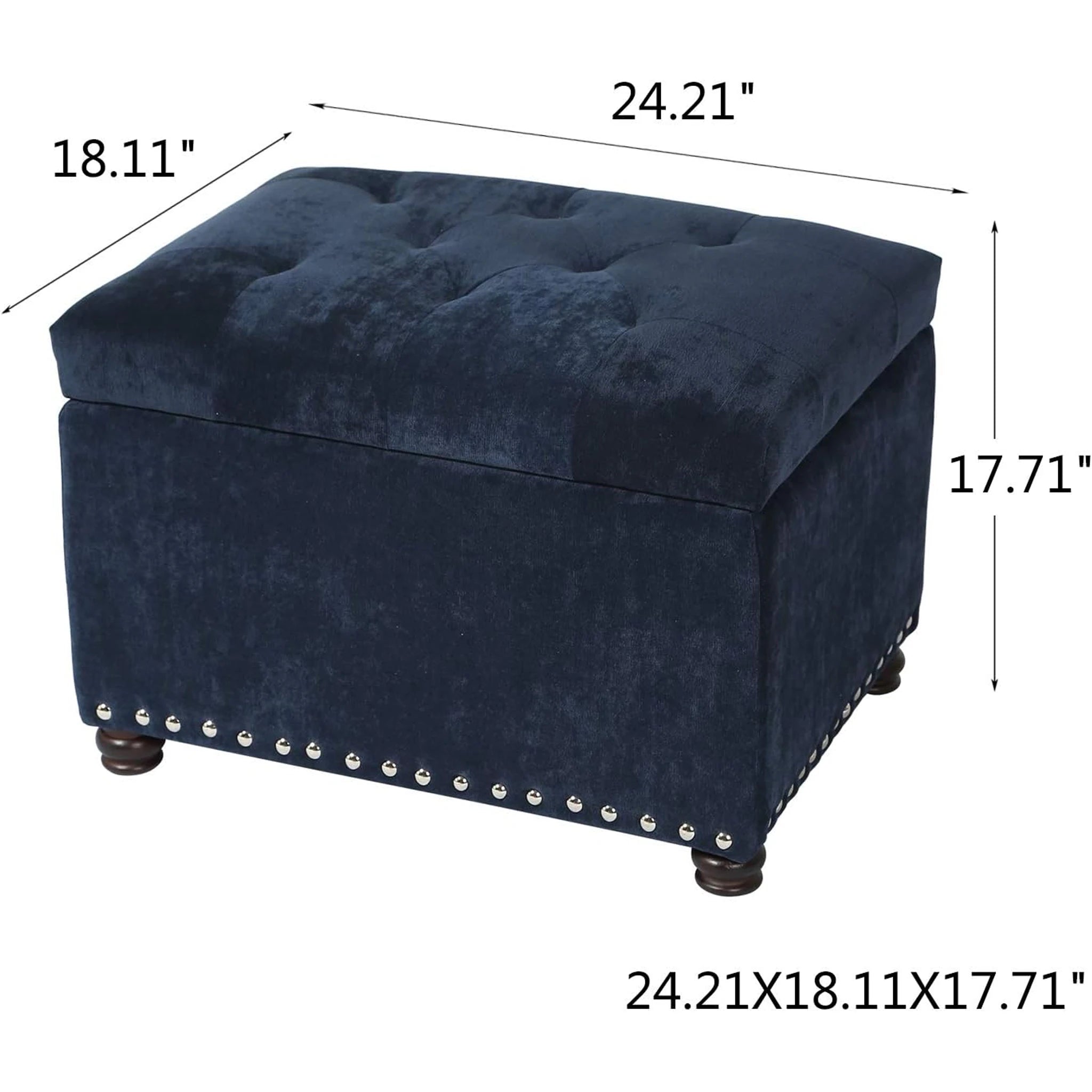 Adeco Navy Blue Lift-Top Tufted Storage Ottoman – dimensions chart