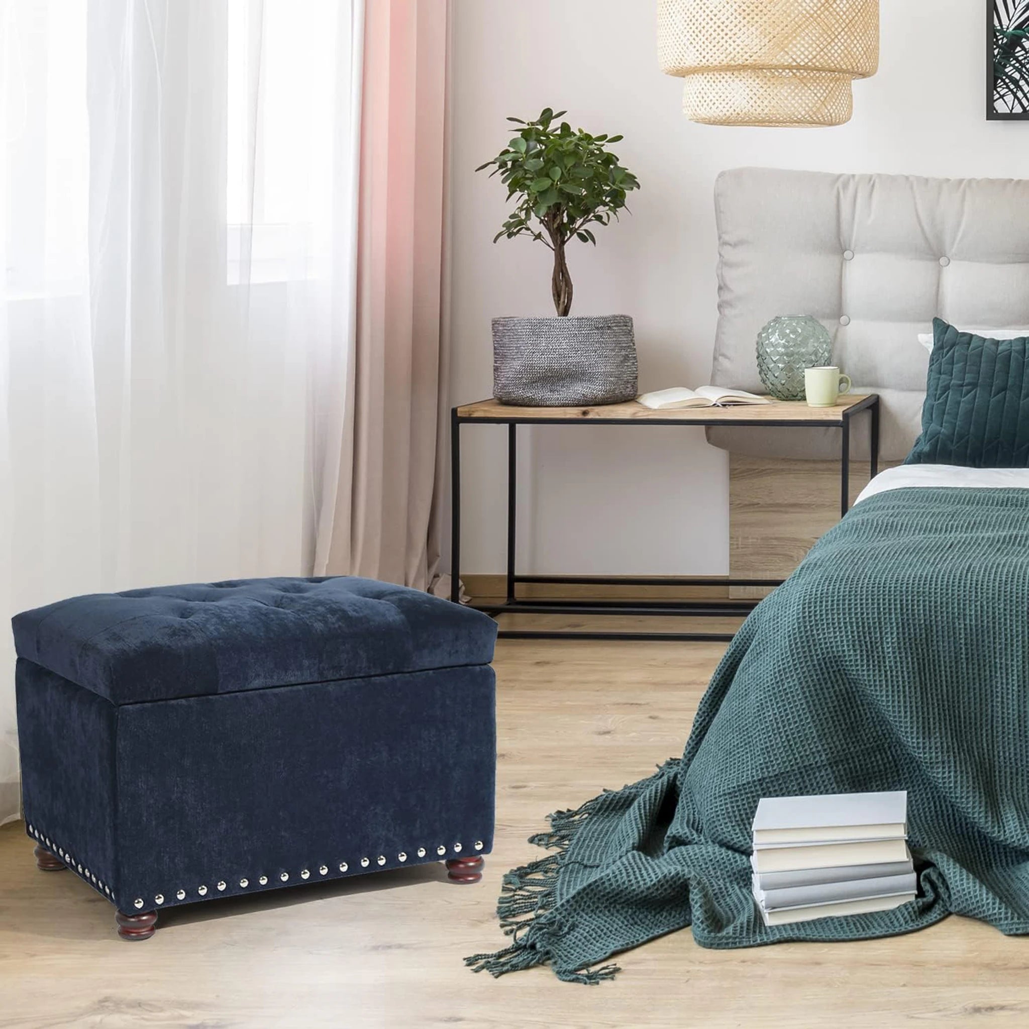 Adeco Navy Blue Lift-Top Tufted Storage Ottoman – detail and materials view