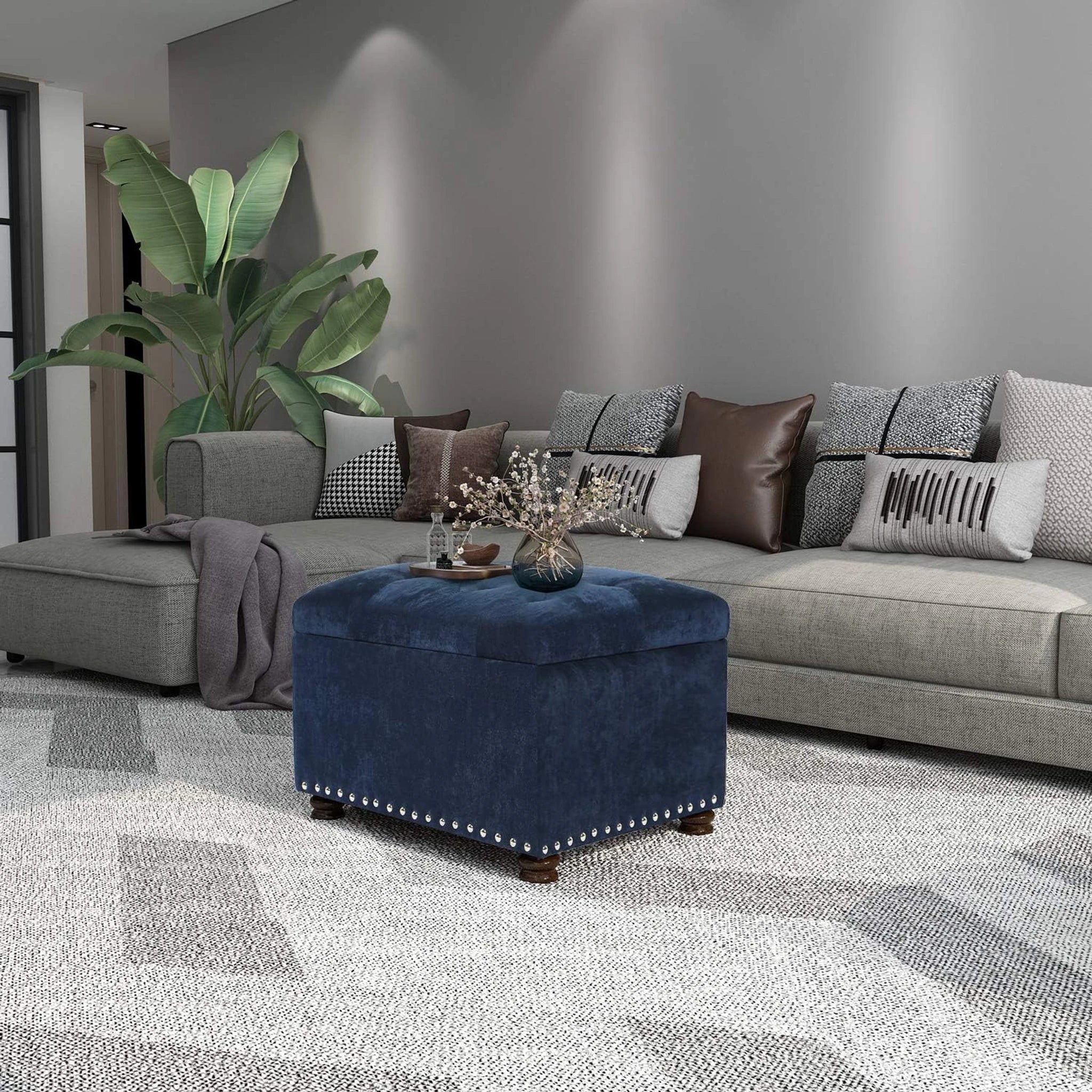 Adeco Navy Blue Lift-Top Tufted Storage Ottoman – lifestyle room view