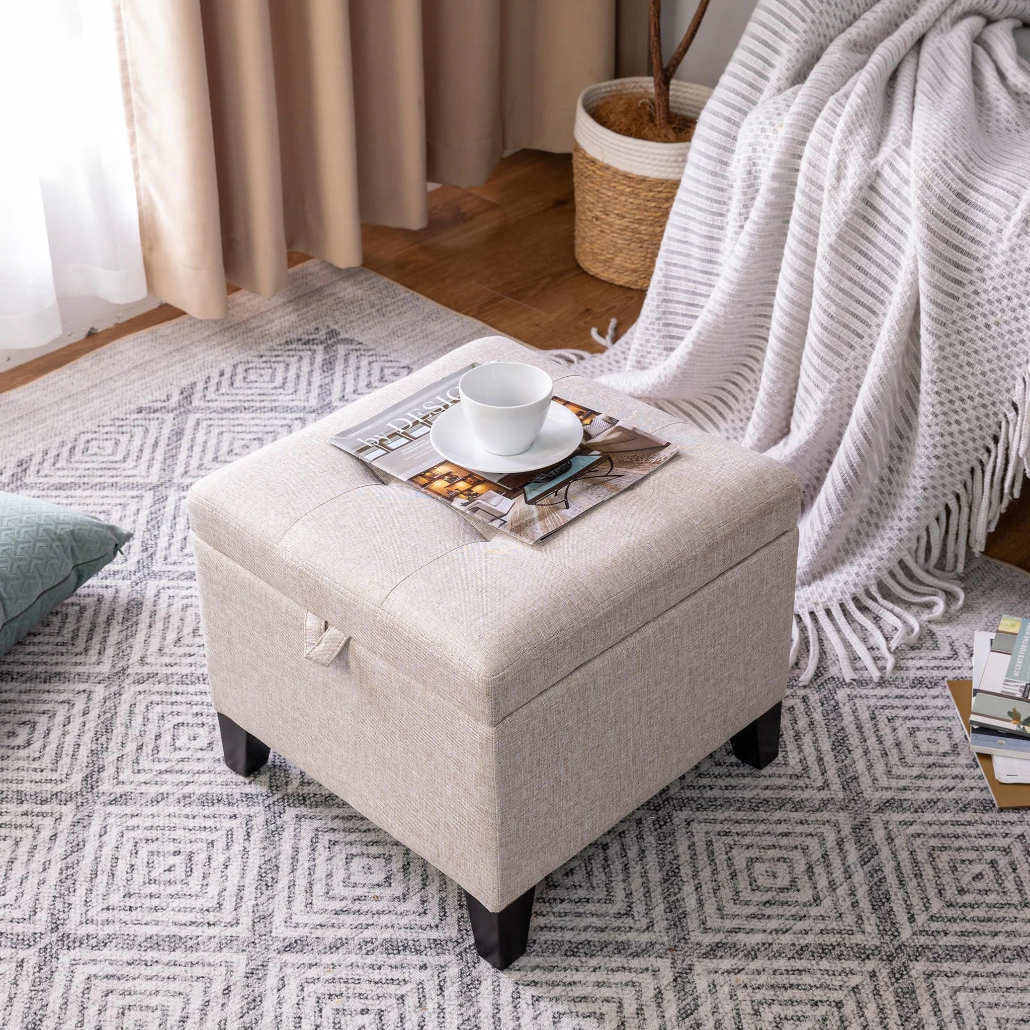 Adeco Beige Grey Fabric Storage Ottoman – styled home scene