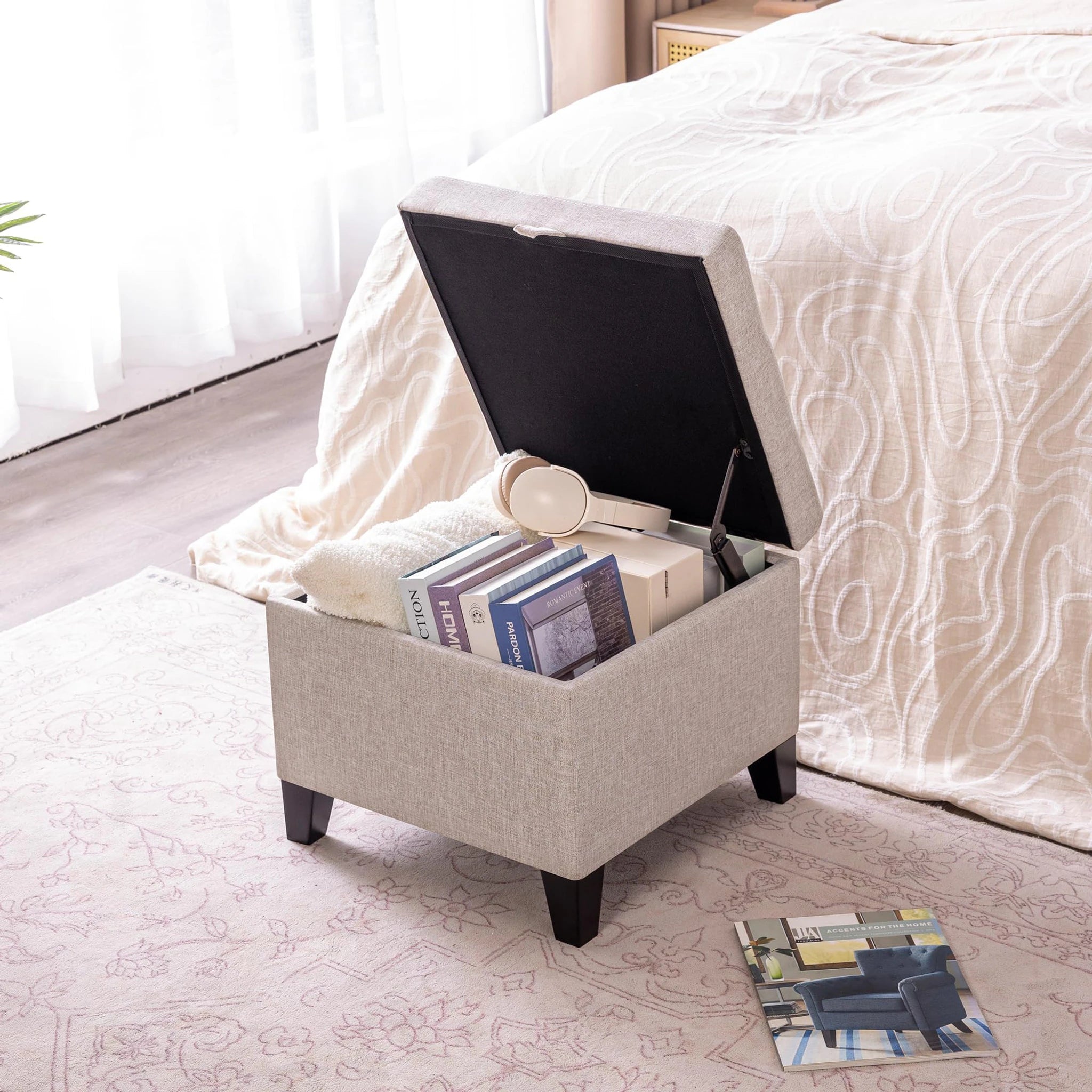 Adeco Beige Grey Fabric Storage Ottoman – detail and materials view