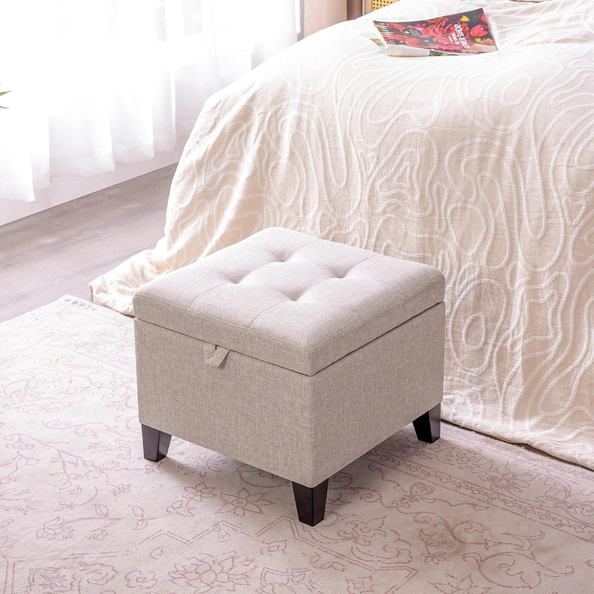 Adeco Beige Grey Fabric Storage Ottoman – lifestyle room view
