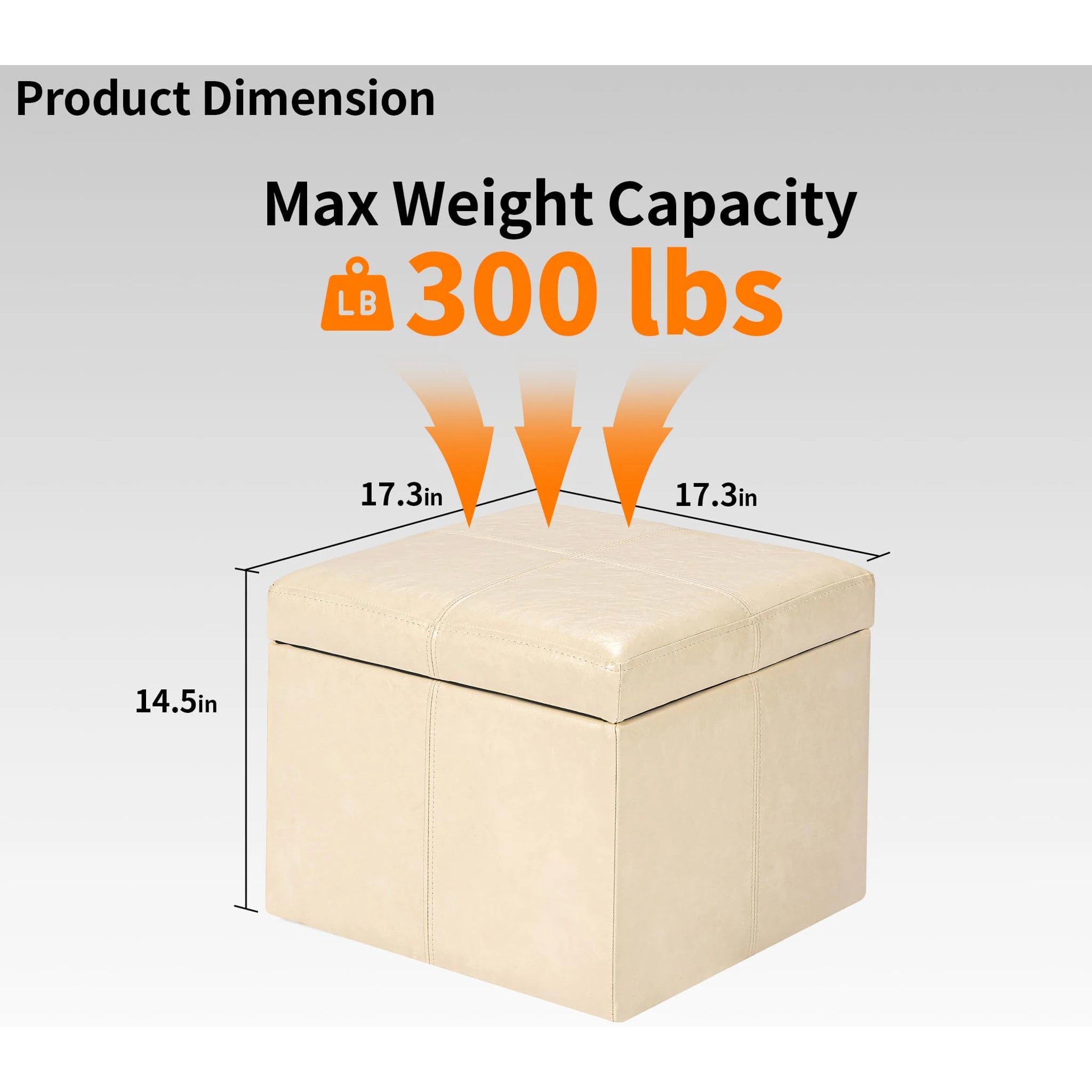Adeco Beige Legless Faux Leather Storage Ottoman – dimensions chart