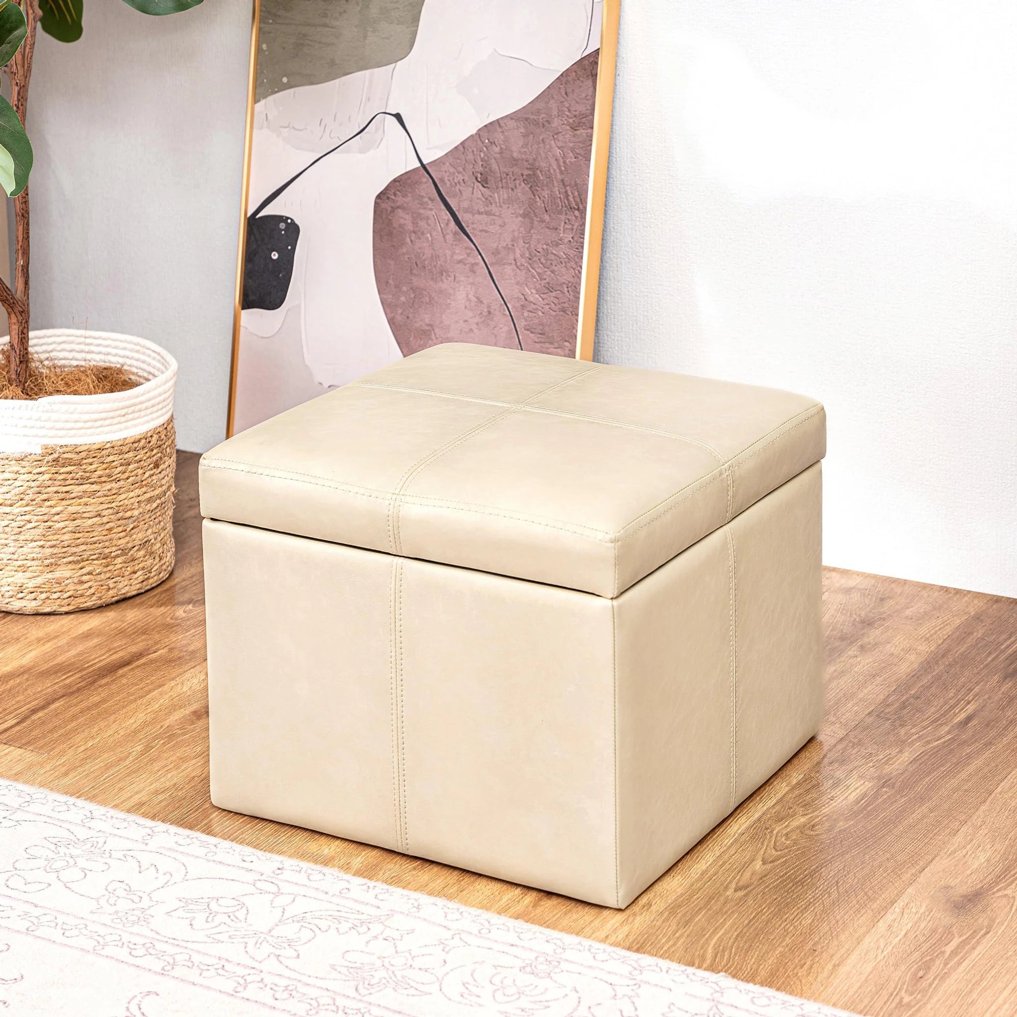 Adeco Beige Legless Faux Leather Storage Ottoman – lifestyle room view