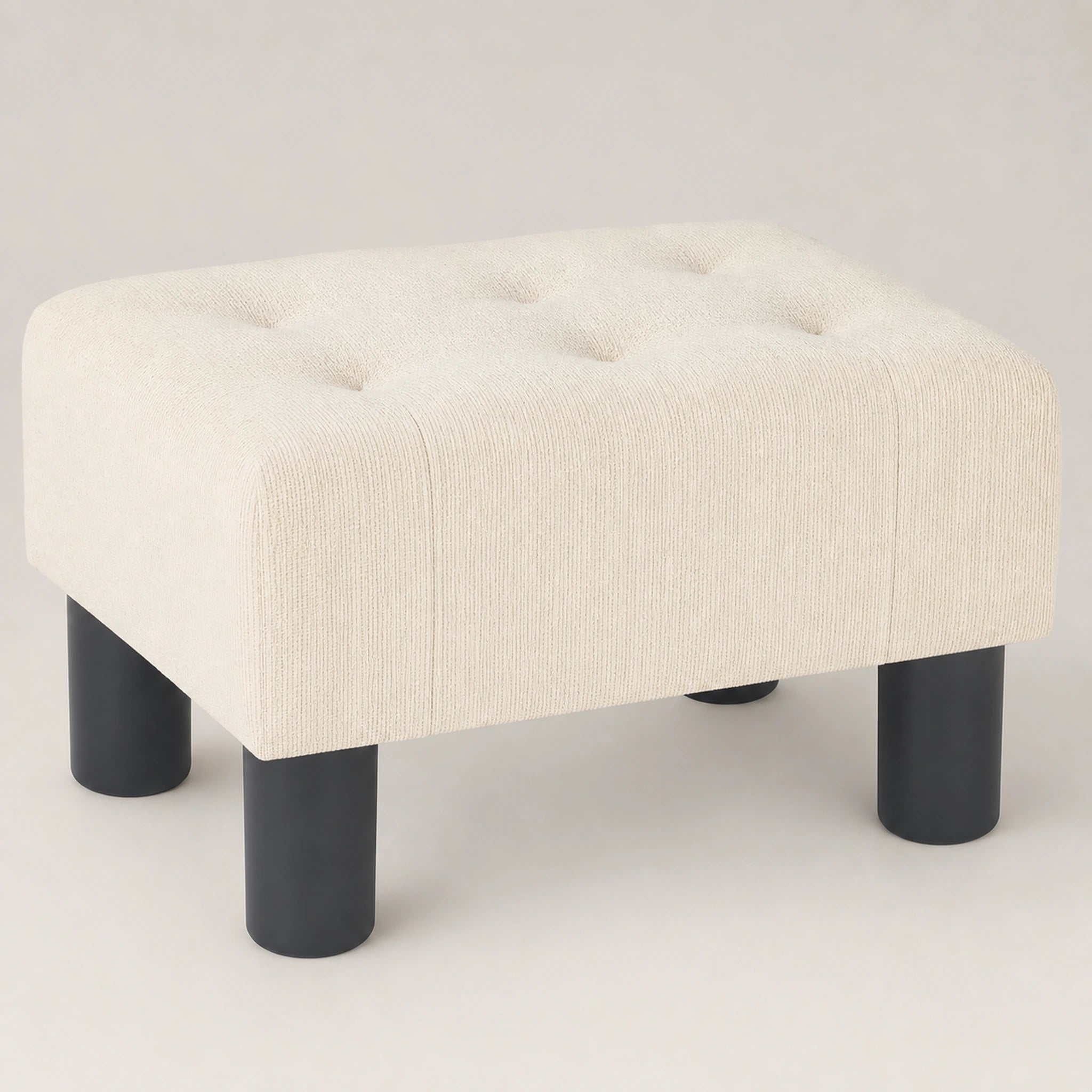 Beringia Beige linen 15.5-inch storage ottoman – warm studio front view