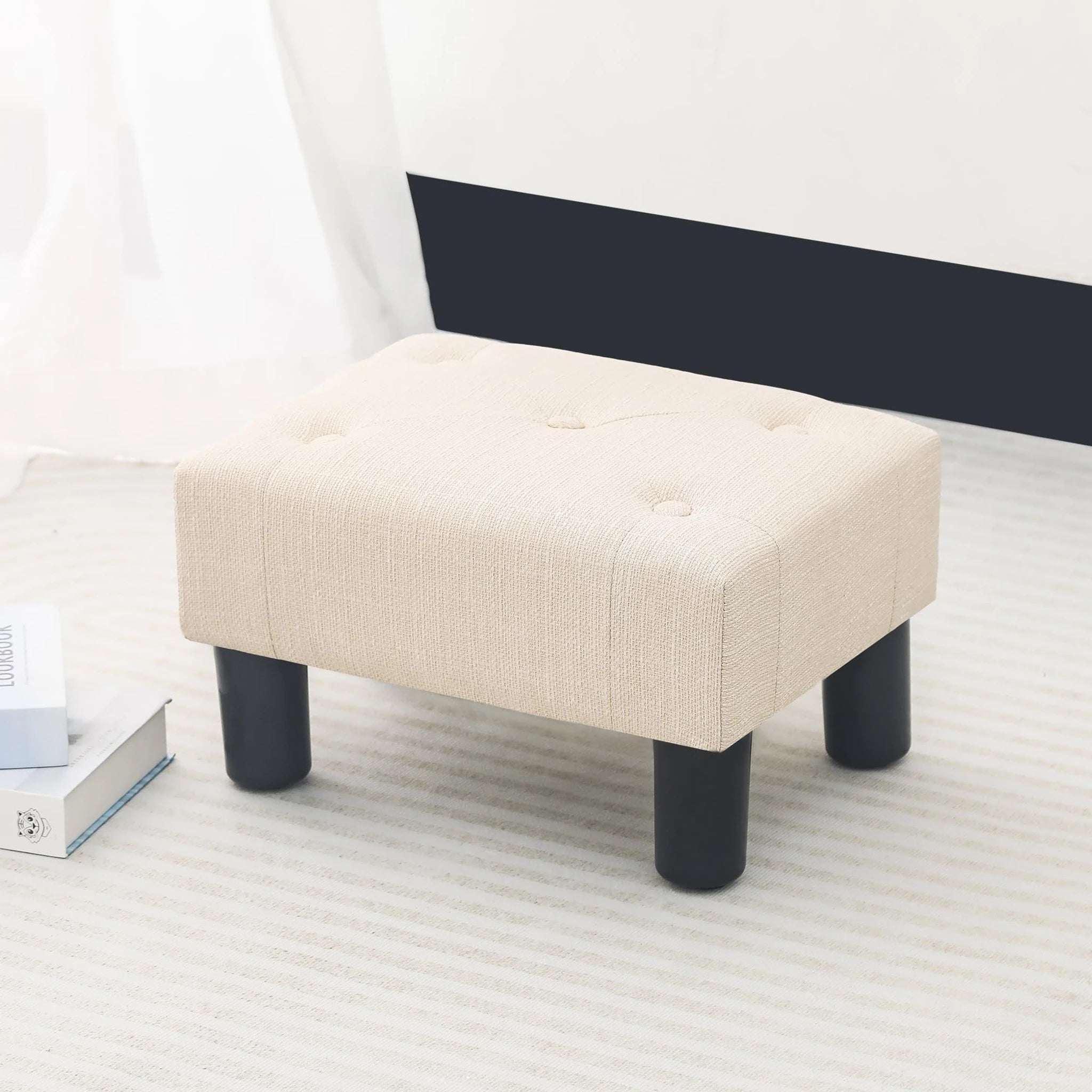 Adeco Beige Linen Footrest Stool – lifestyle room view
