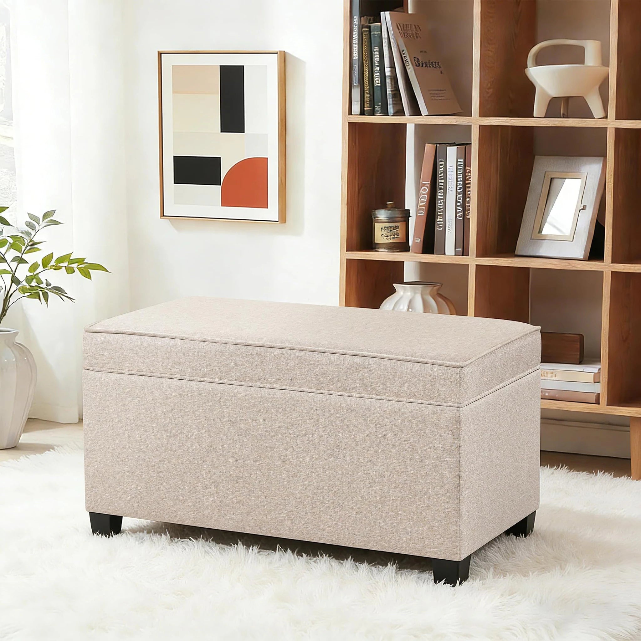 Adeco Beige Linen Storage Ottoman Bench – styled home scene
