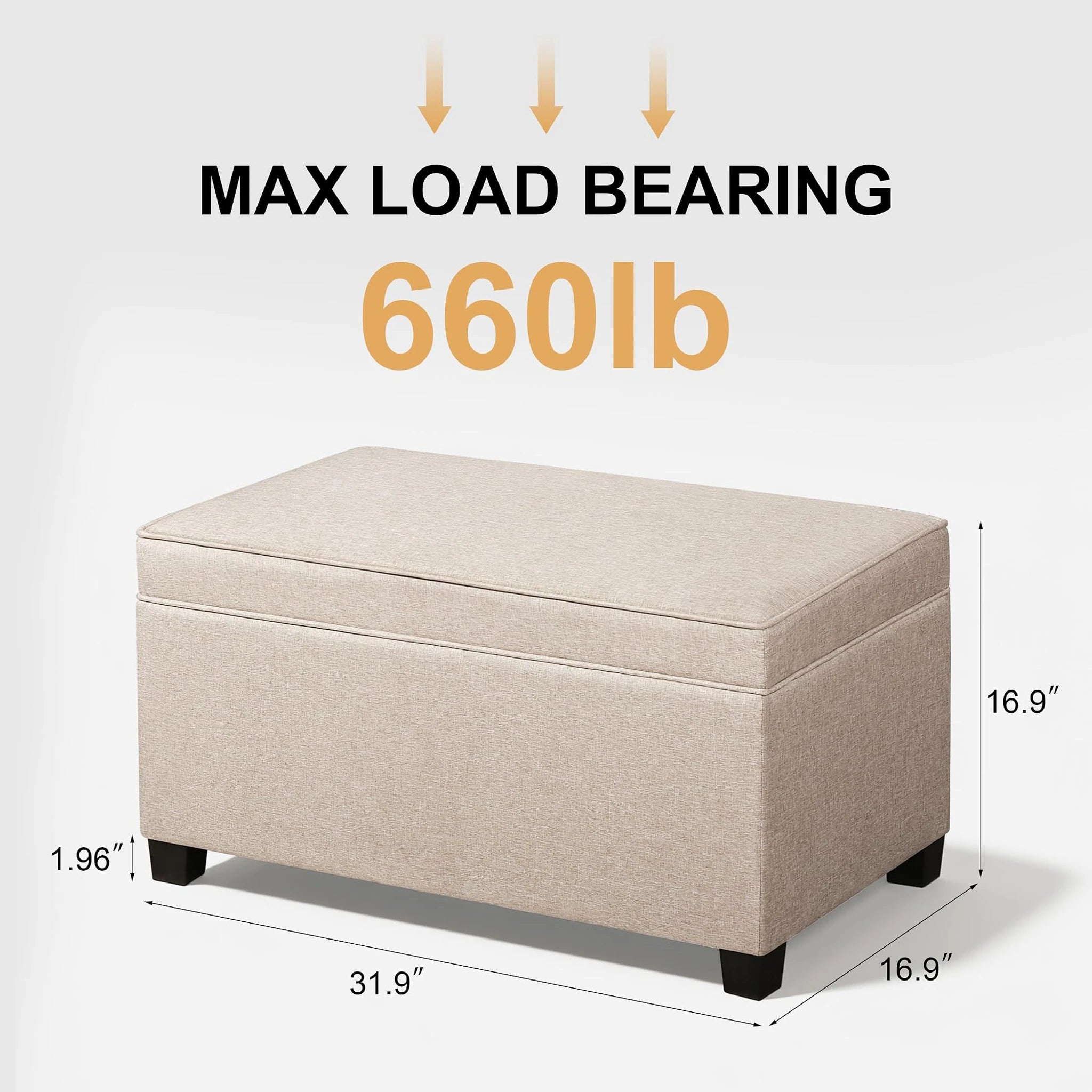 Adeco Beige Linen Storage Ottoman Bench – dimensions chart