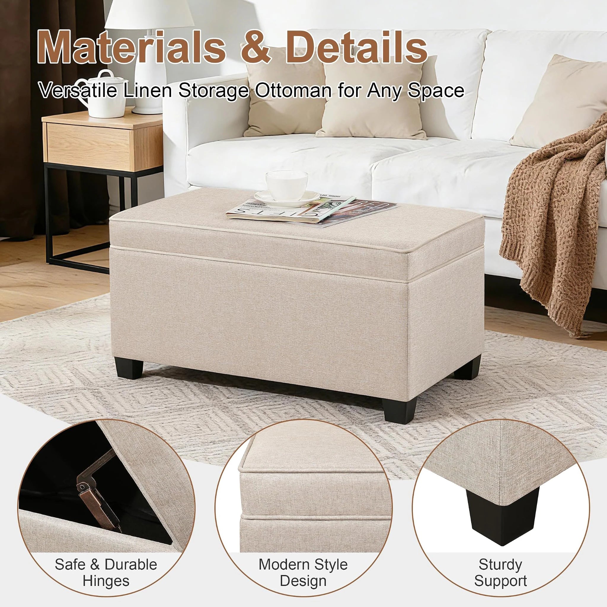 Adeco Beige Linen Storage Ottoman Bench – detail and materials view