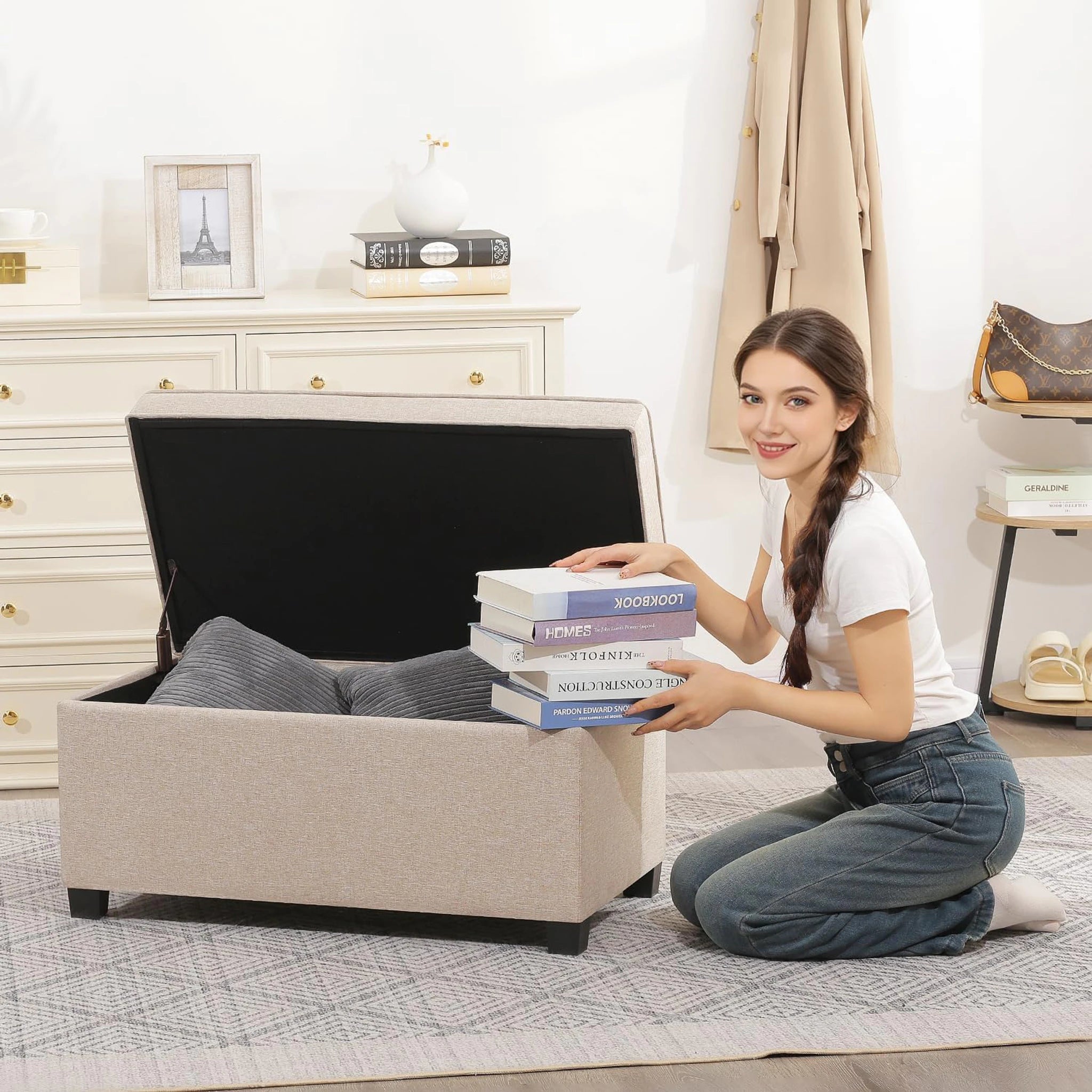 Adeco Beige Linen Storage Ottoman Bench – lifestyle room view