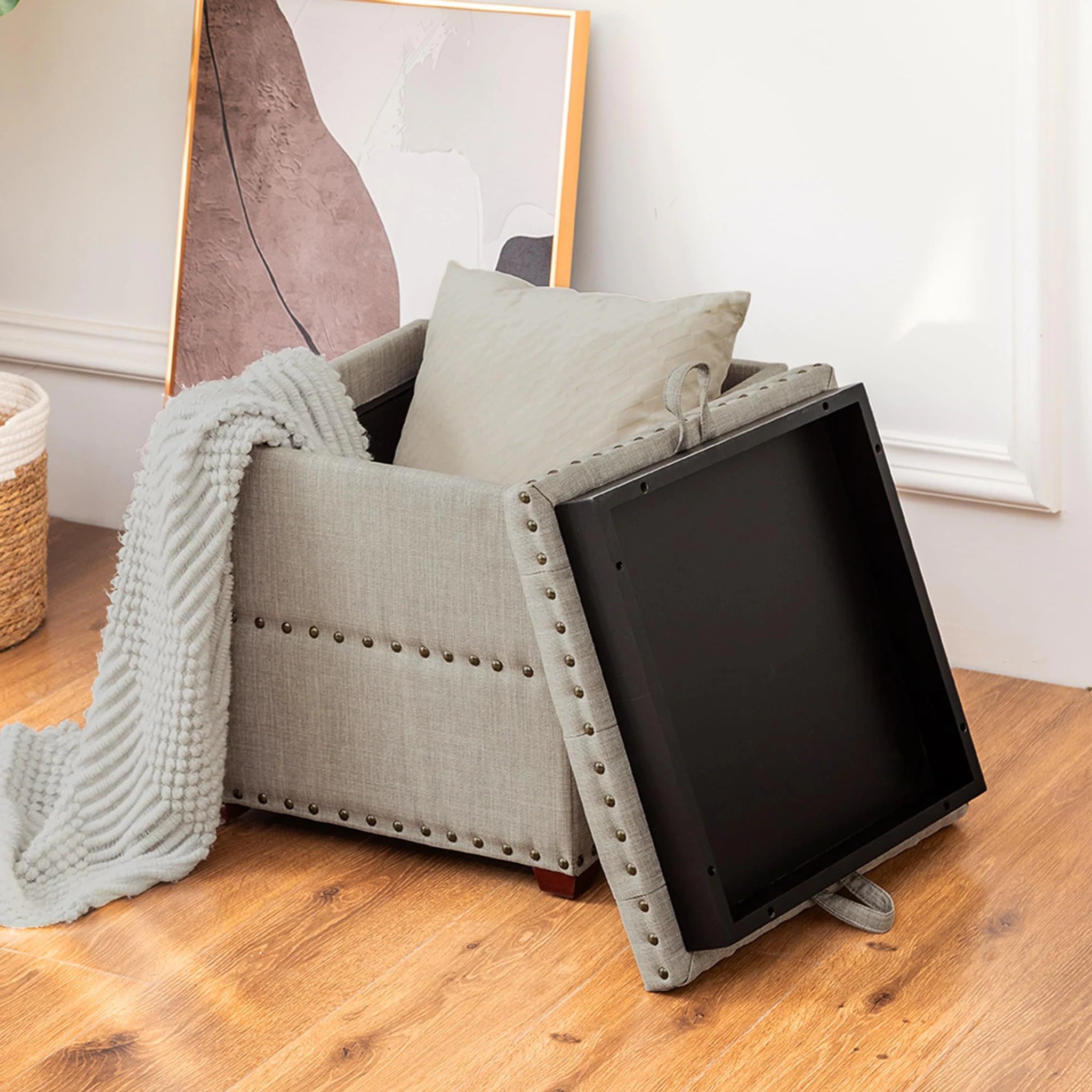 Adeco Dusty Pink With Tray Tray-Top Linen Storage Ottoman – detail and materials view