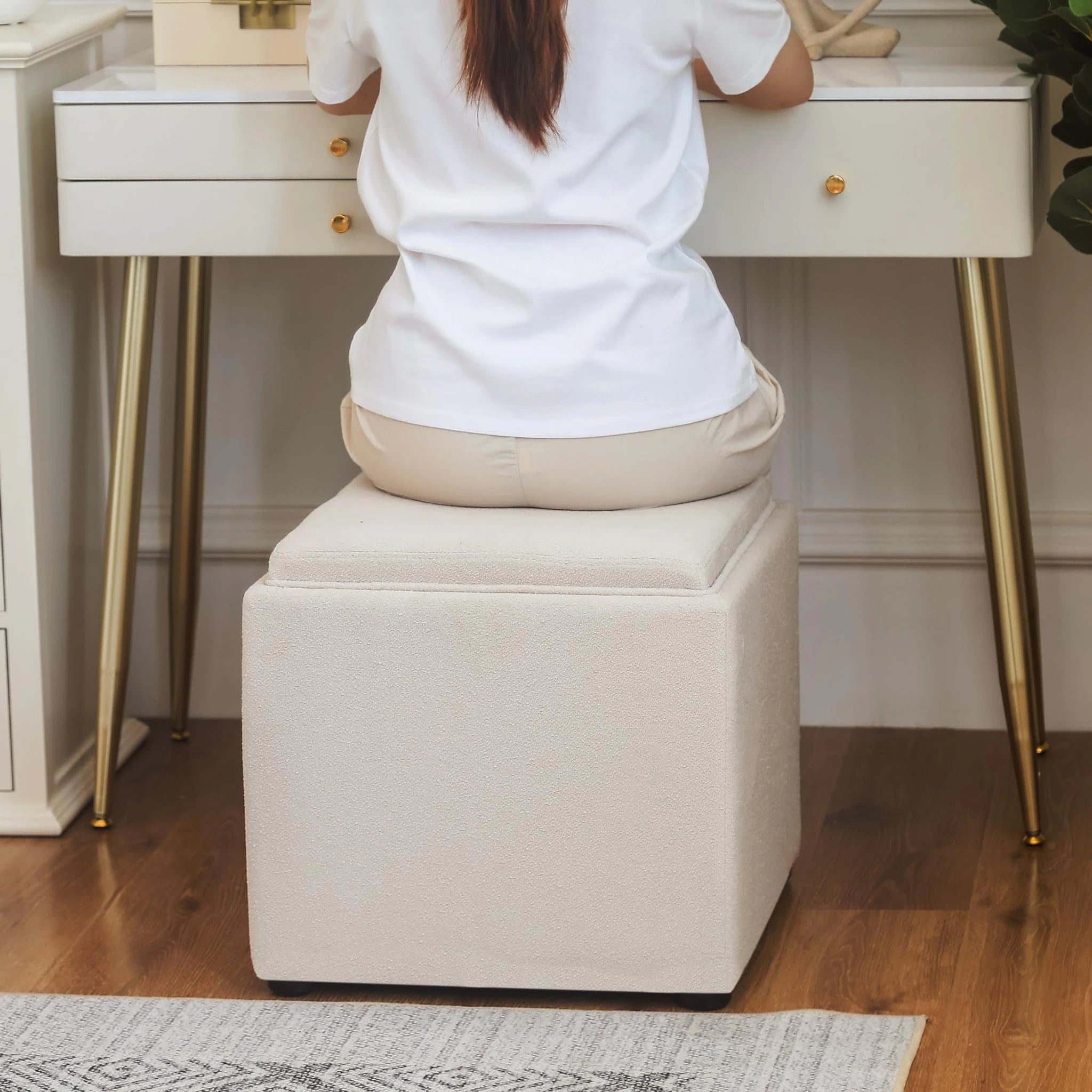 Adeco Beige With Nails Tray-Top Tufted Linen Square Storage Ottoman – detail and materials view