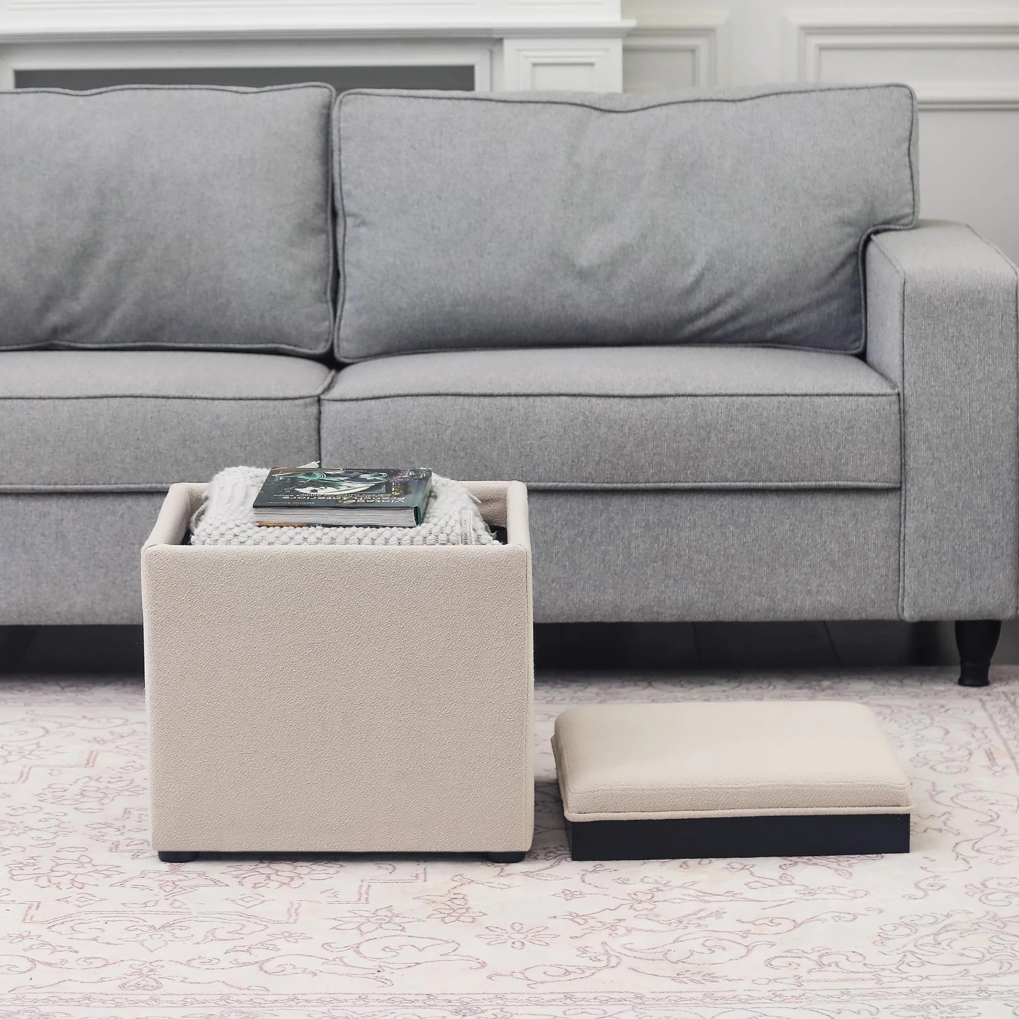 Adeco Beige With Nails Tray-Top Tufted Linen Square Storage Ottoman – lifestyle room view