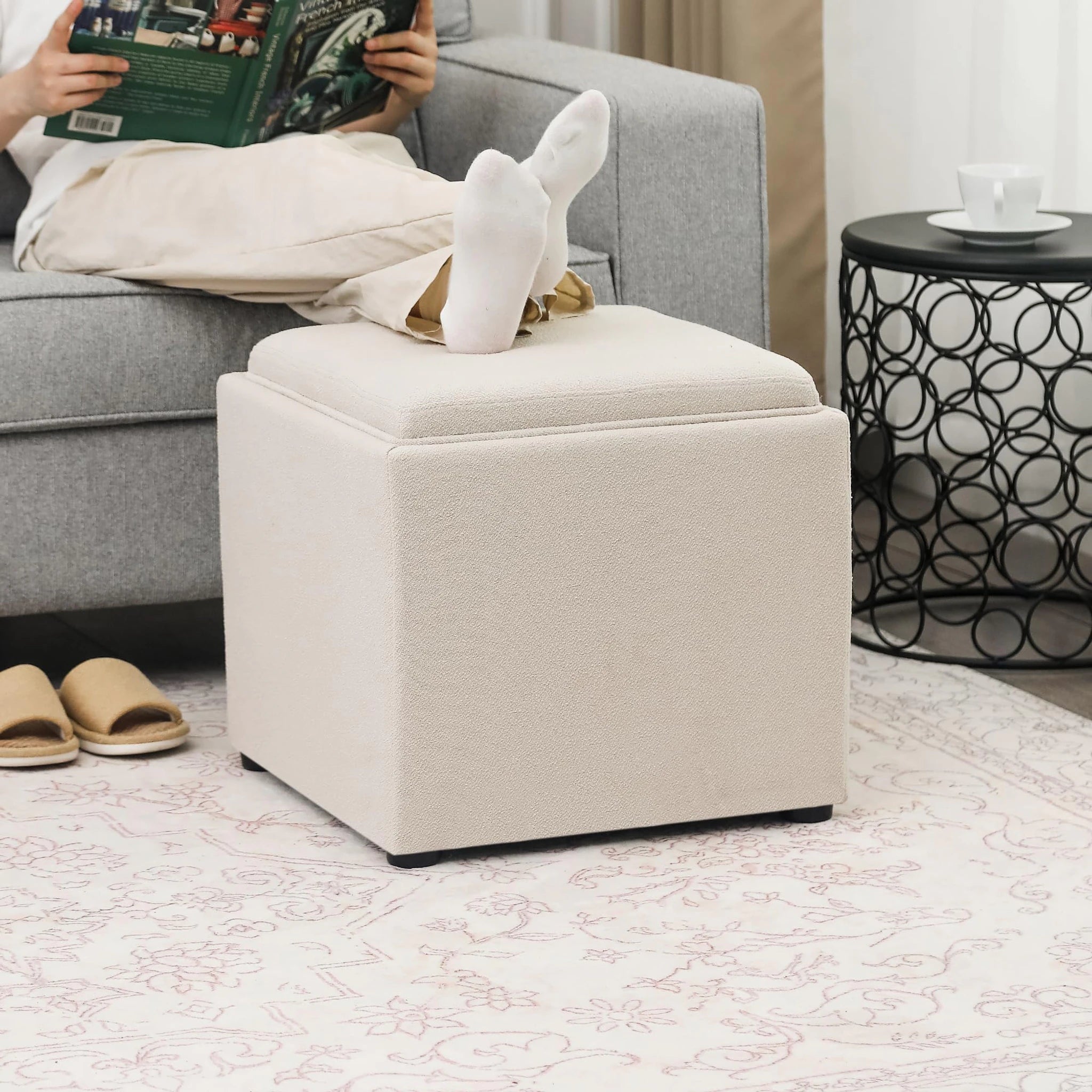 Adeco Beige With Tray Tray-Top Linen Storage Ottoman – lifestyle room view