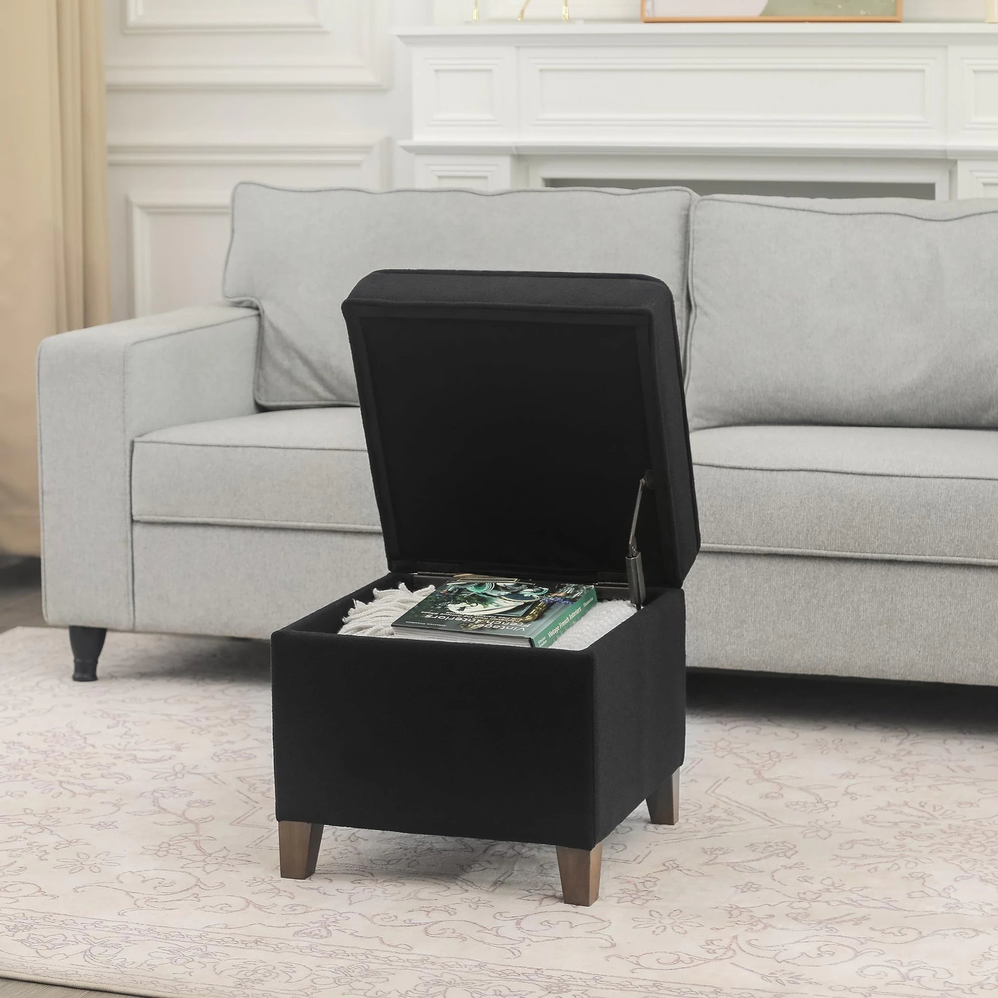 Adeco Black Fabric Square Storage Ottoman – lifestyle room view