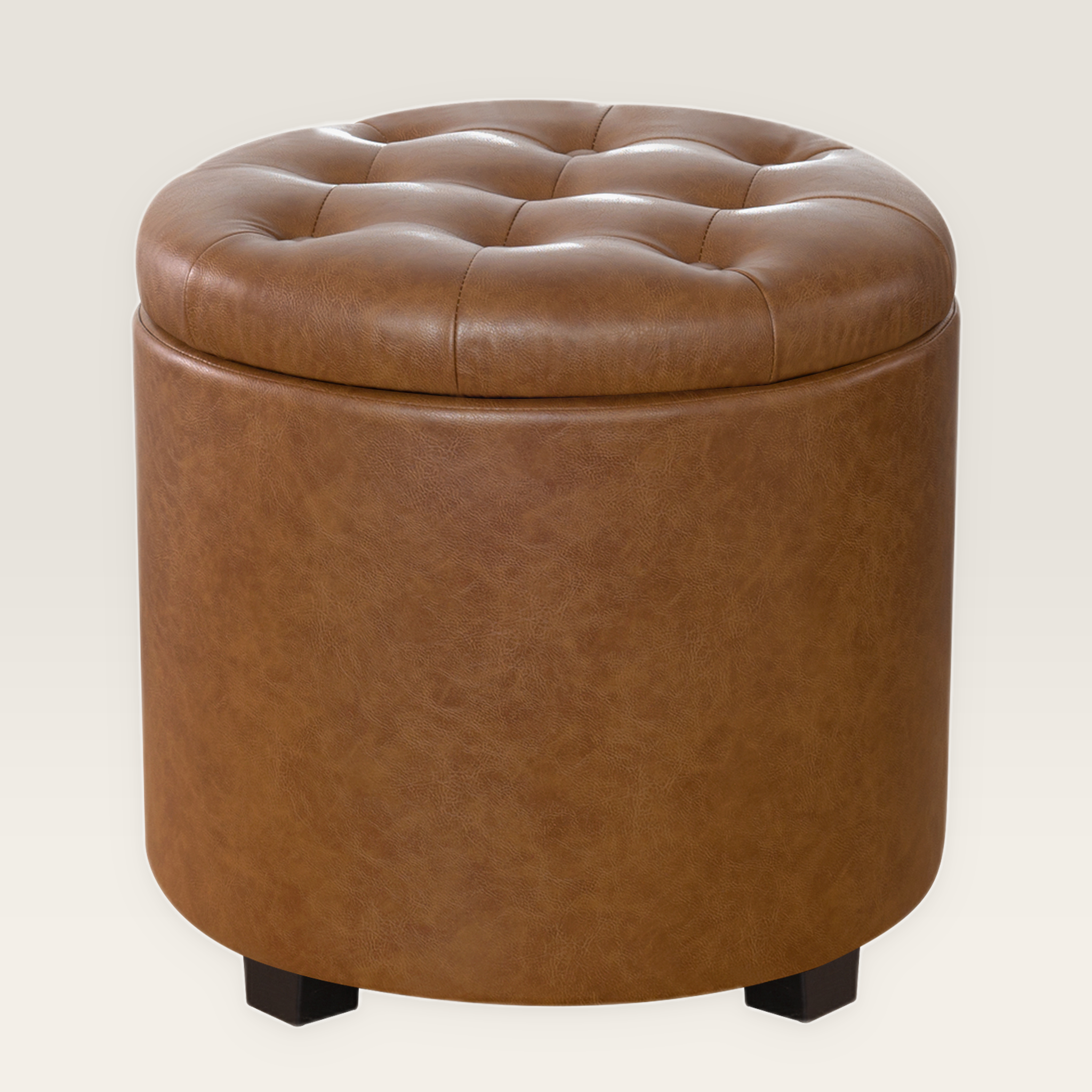 Adeco 17 Inch Black Faux Leather Round Storage Ottoman