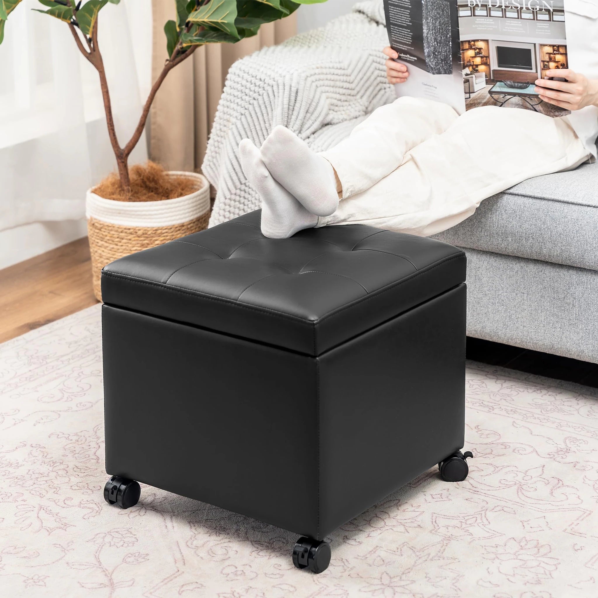 Adeco Black Faux Leather Storage Ottoman – styled home scene