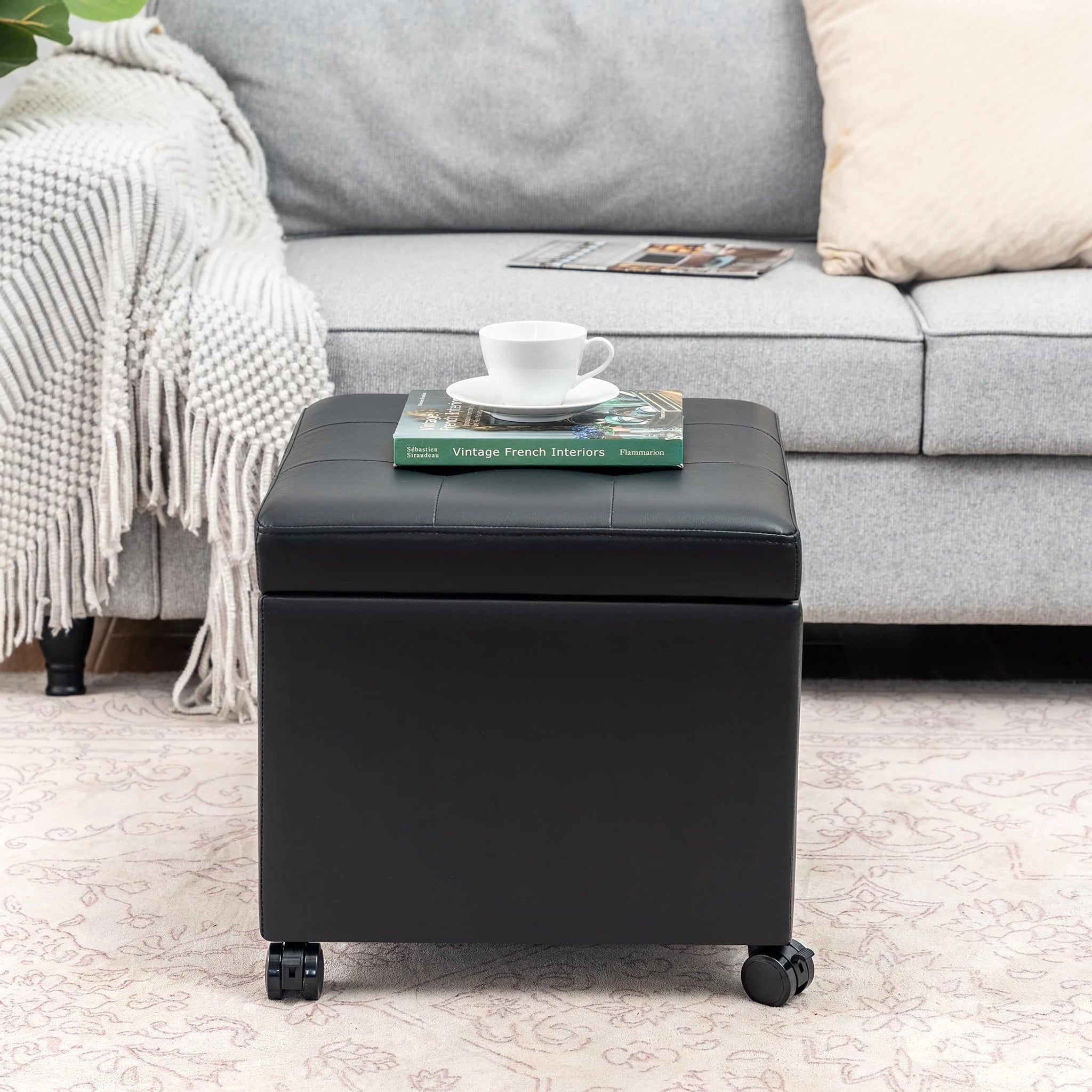 Adeco Black Faux Leather Storage Ottoman – lifestyle room view