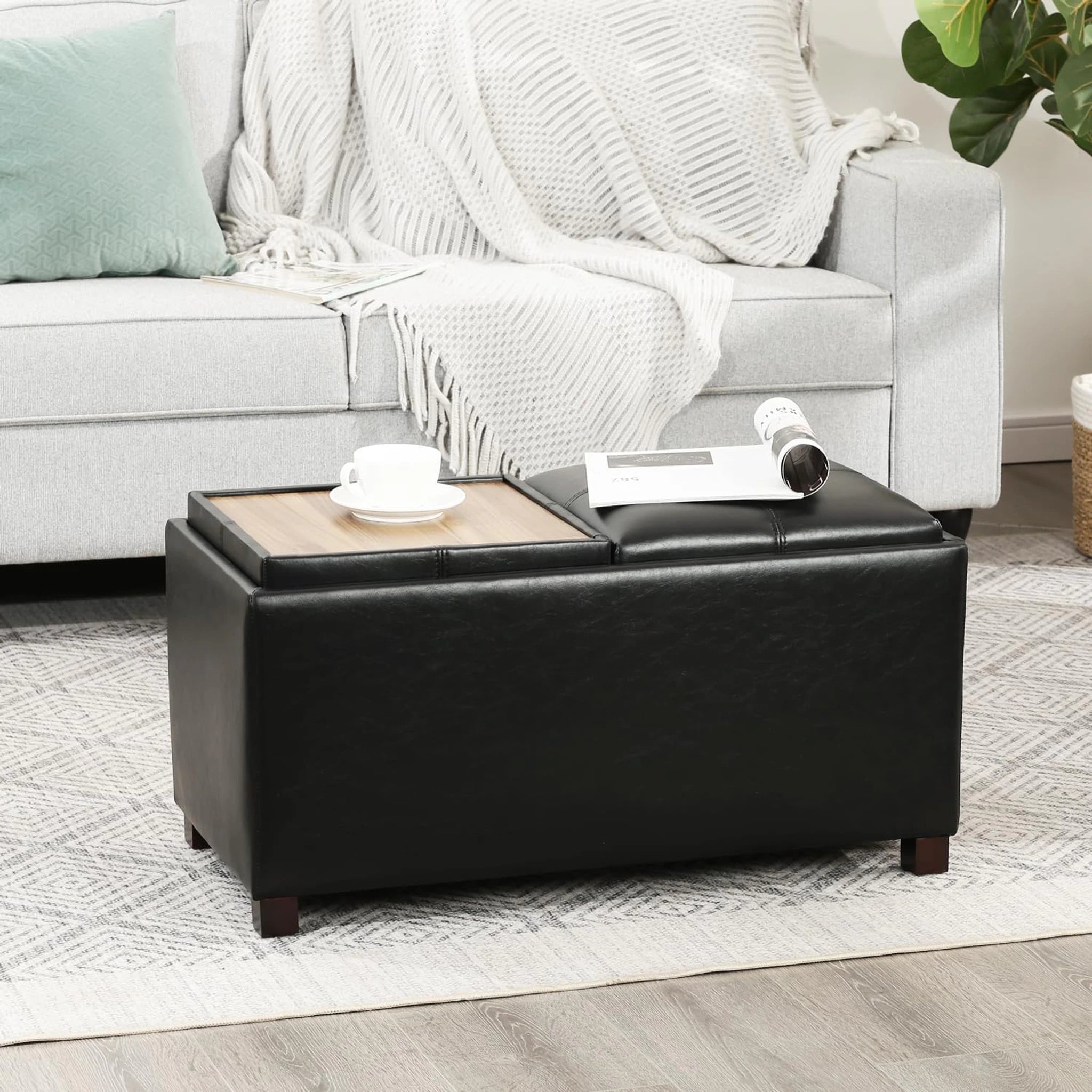 Adeco Black Faux Leather Storage Ottoman Bench – styled home scene