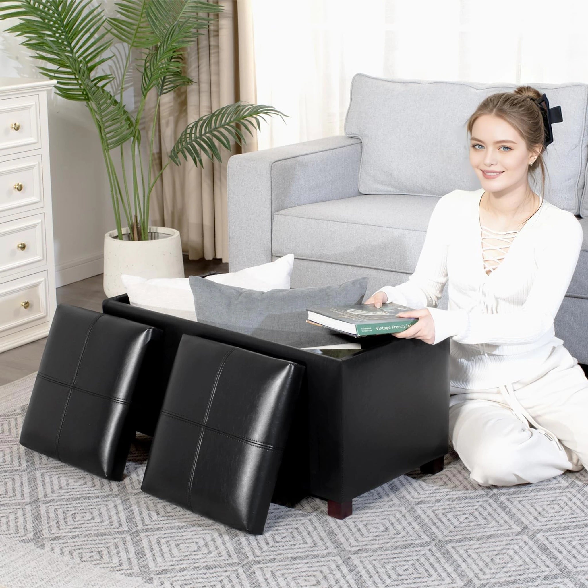 Adeco Black Faux Leather Storage Ottoman Bench – detail and materials view