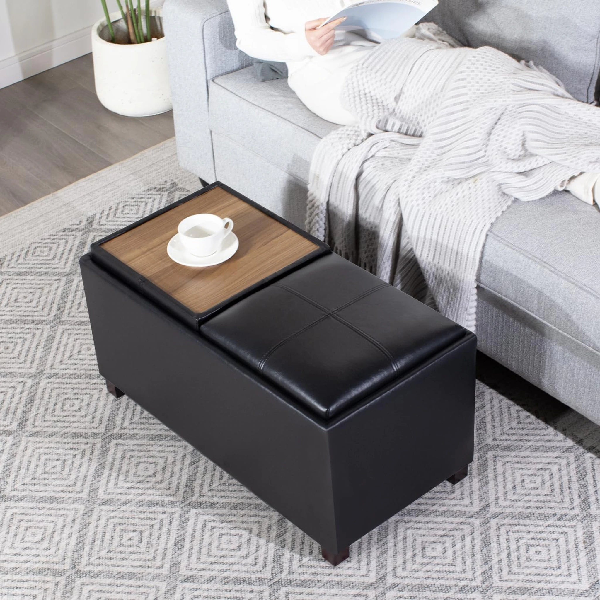 Adeco Black Faux Leather Storage Ottoman Bench – lifestyle room view