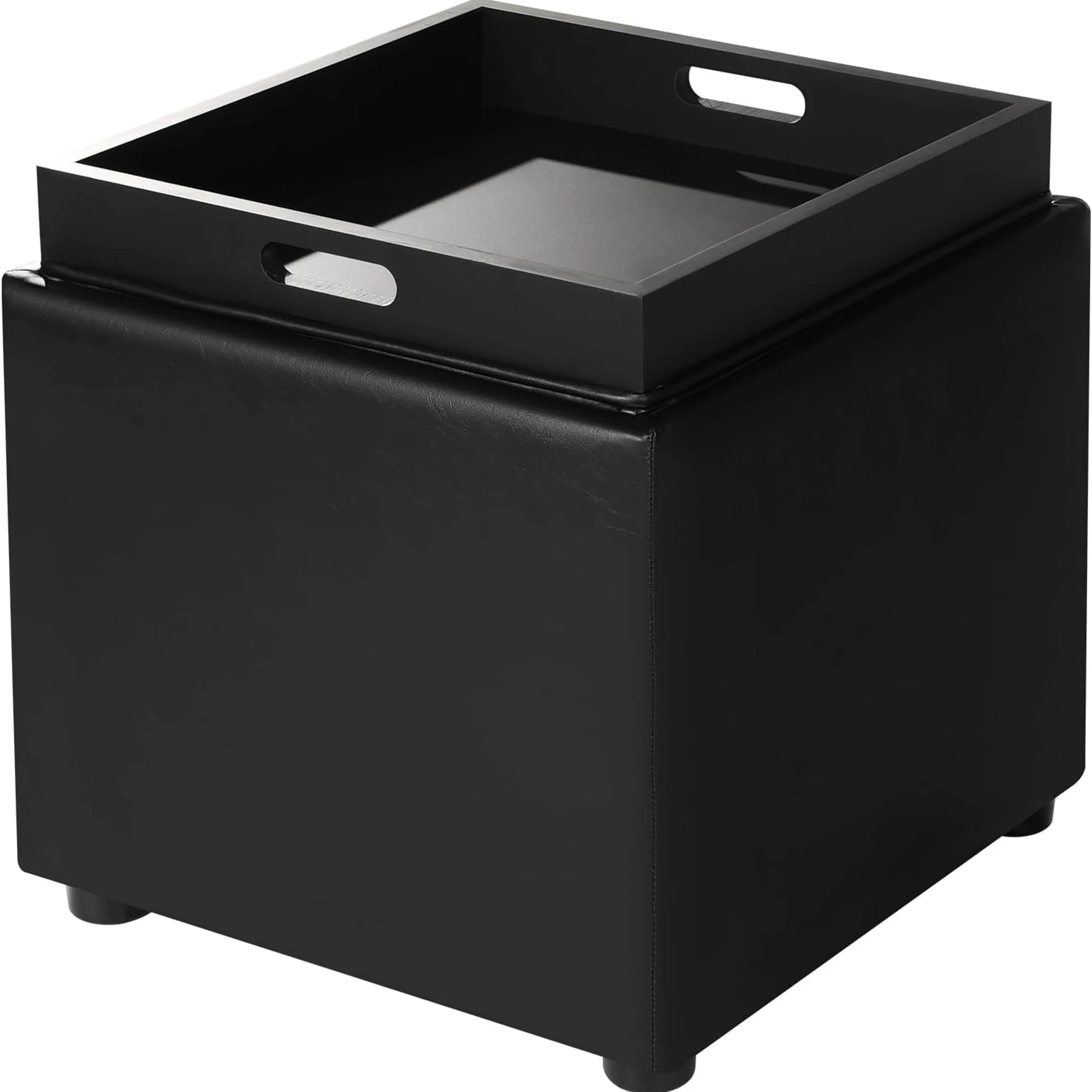 Adeco Black Leather With Tray Tray-Top Faux Leather Storage Ottoman – styled home scene