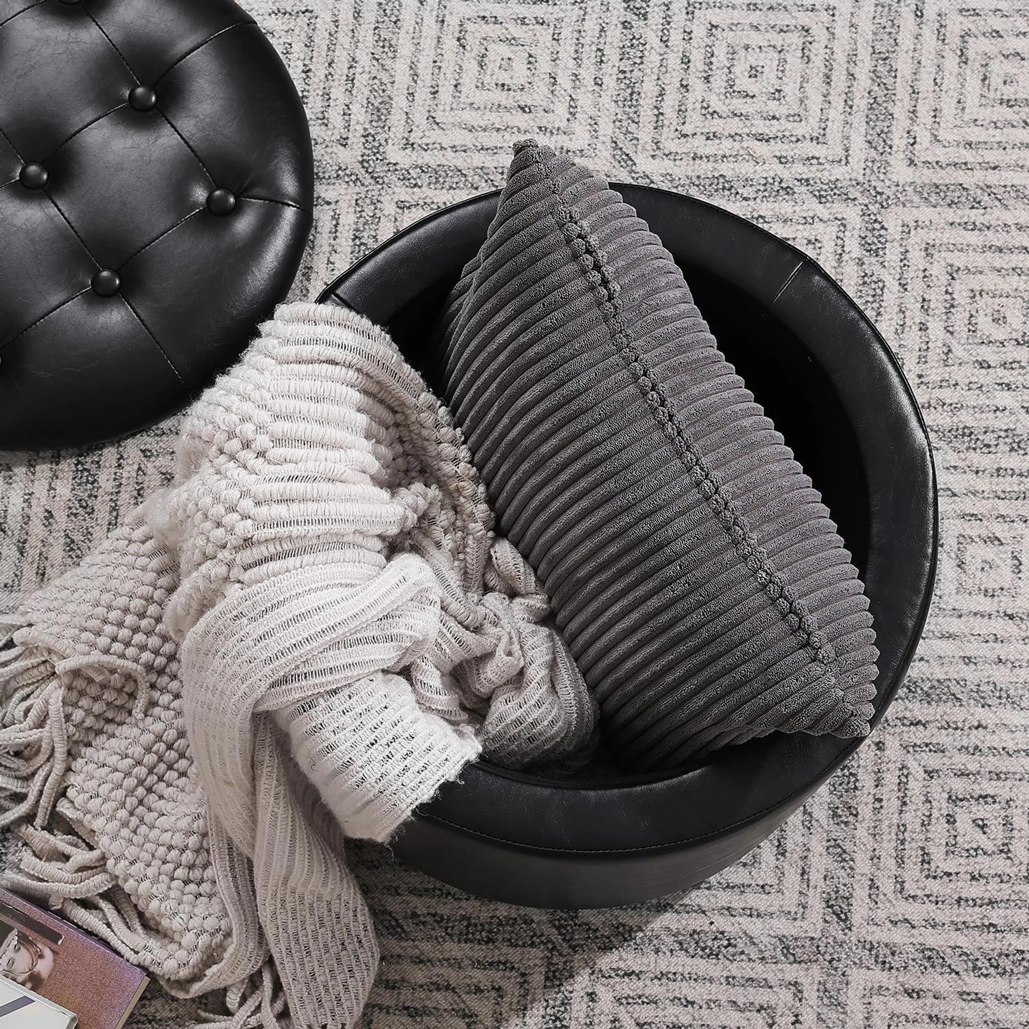 Adeco Black With Black Legs Tray-Top Tufted Faux Leather Round Storage Ottoman – lifestyle room view