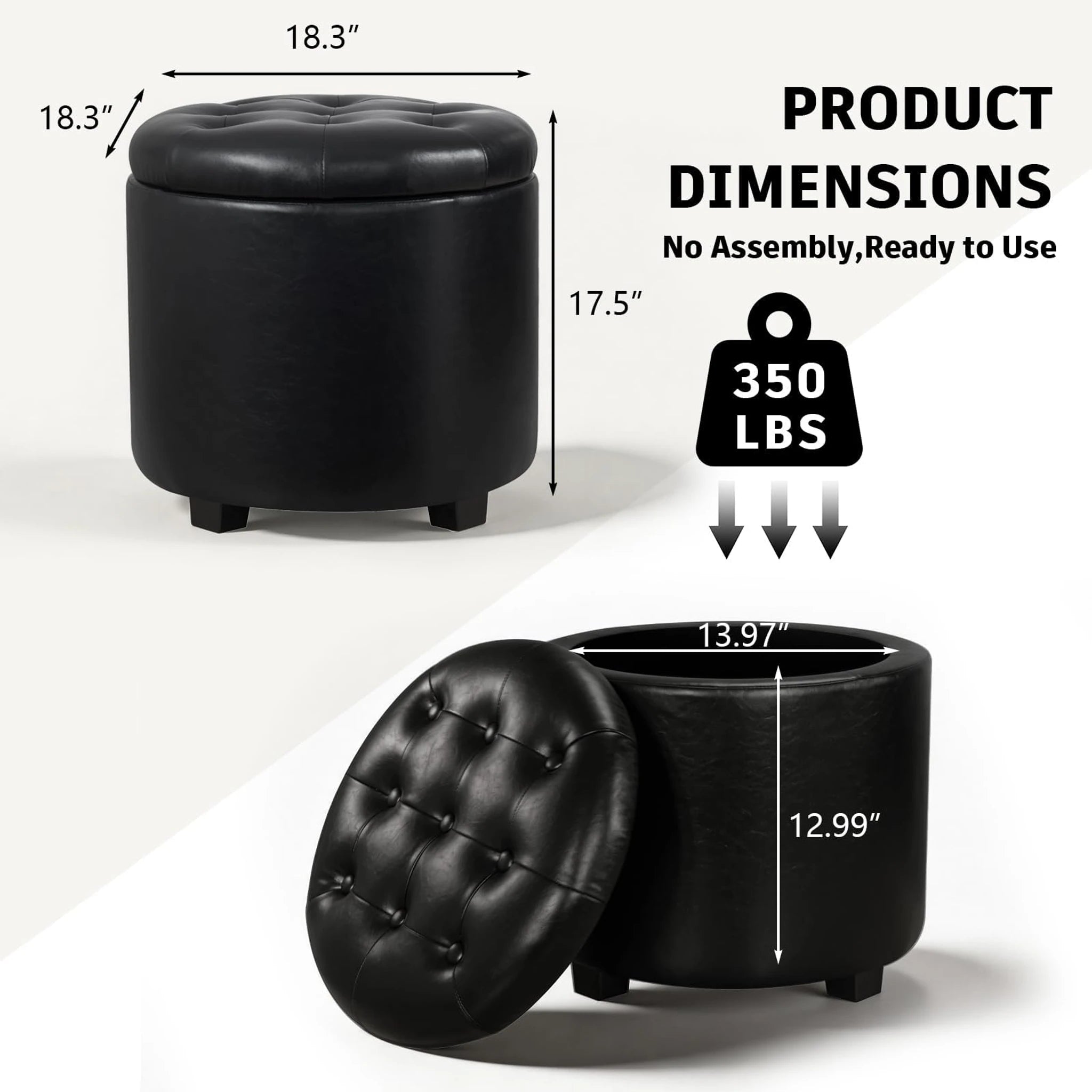 Adeco Black With Black Legs Tufted Fabric Round Storage Ottoman – dimensions chart