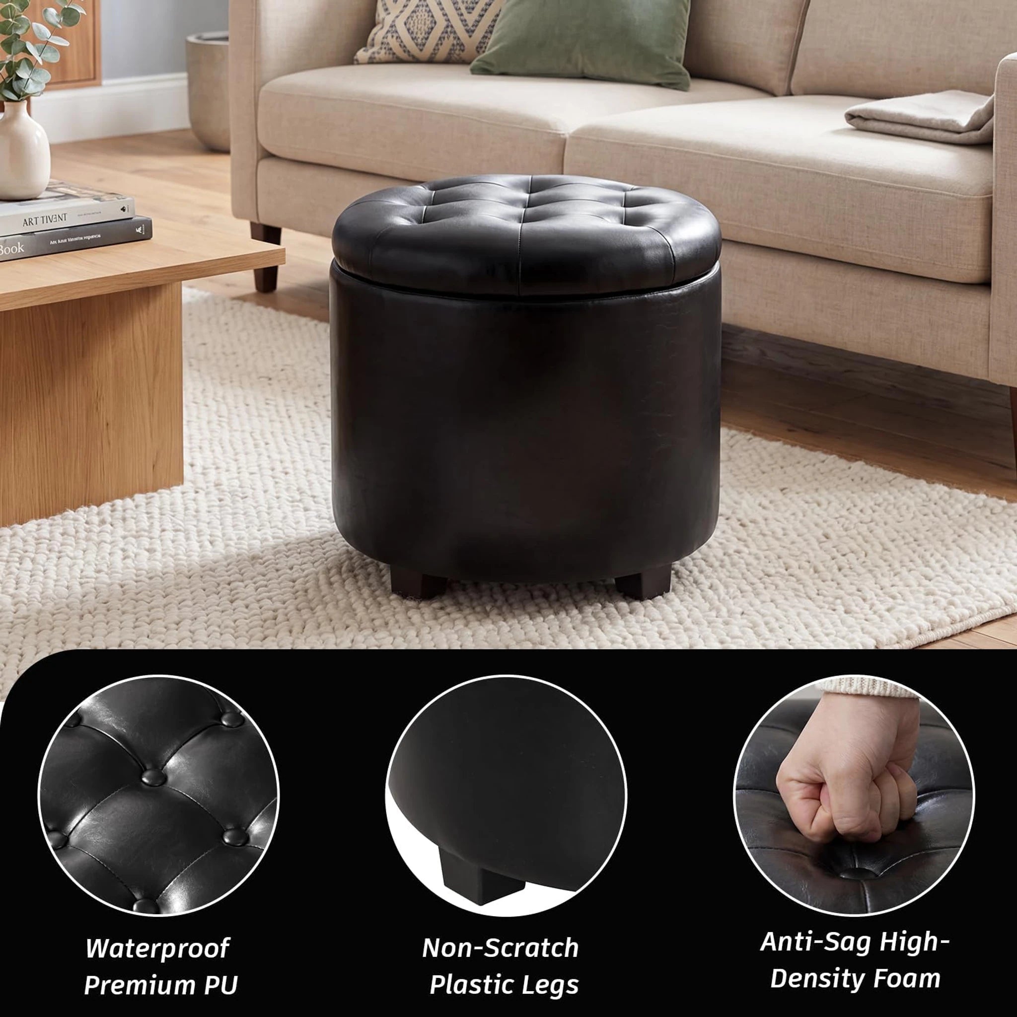 Adeco Black With Black Legs Tufted Fabric Round Storage Ottoman – detail and materials view