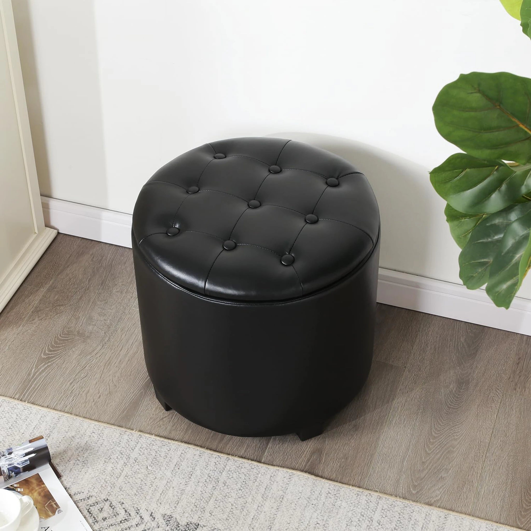 Adeco Black With Black Legs Tufted Fabric Round Storage Ottoman – lifestyle room view