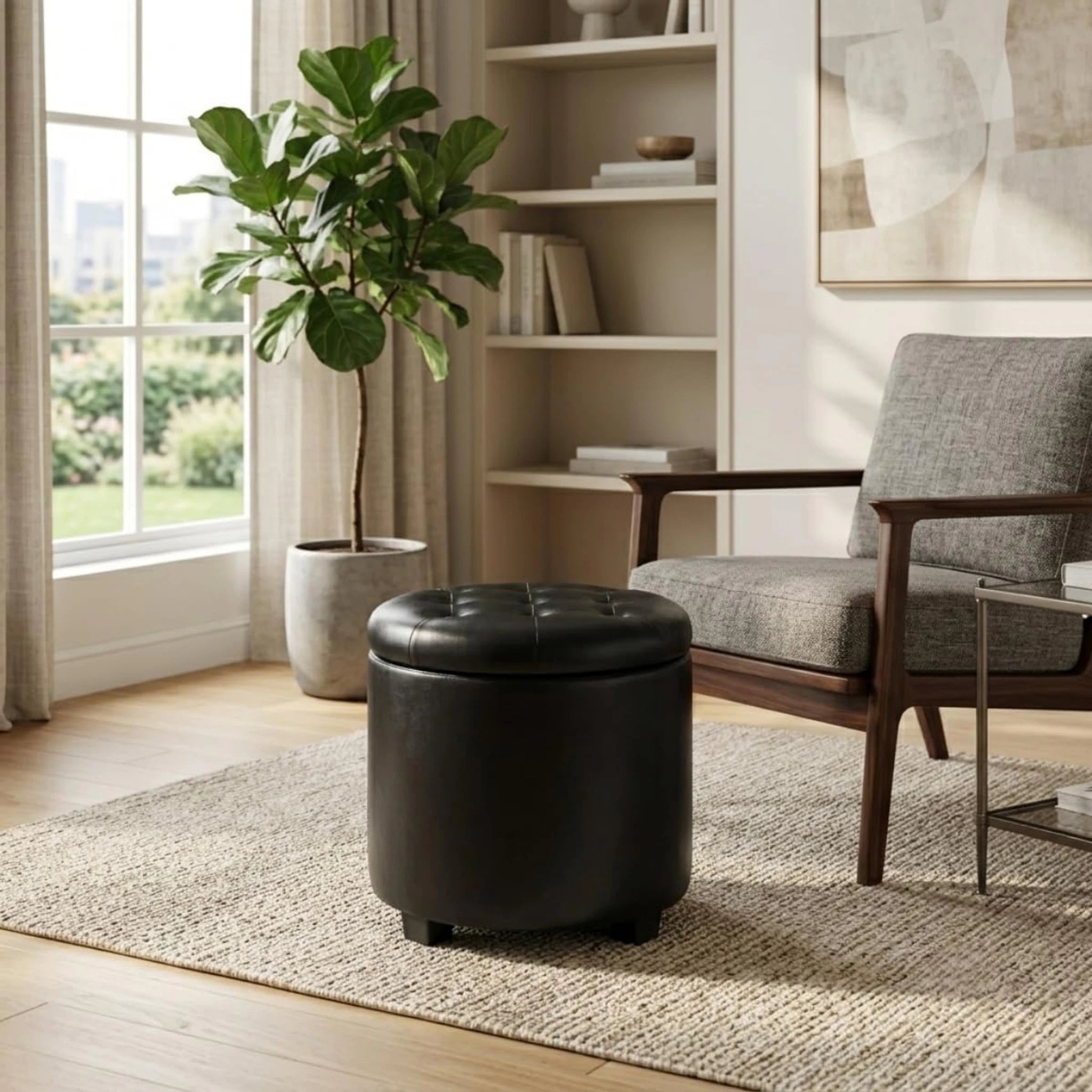 Adeco Black With Black Legs Tufted Faux Leather Round Storage Ottoman – styled home scene