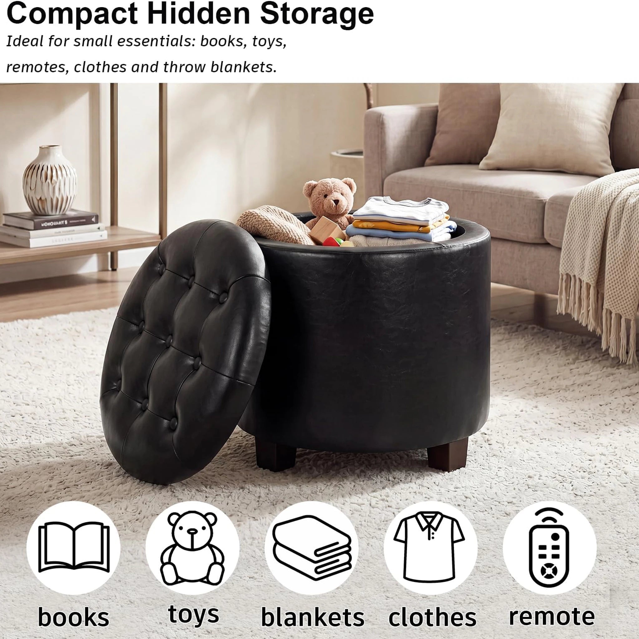 Adeco Black With Black Legs Tufted Faux Leather Round Storage Ottoman – lifestyle room view