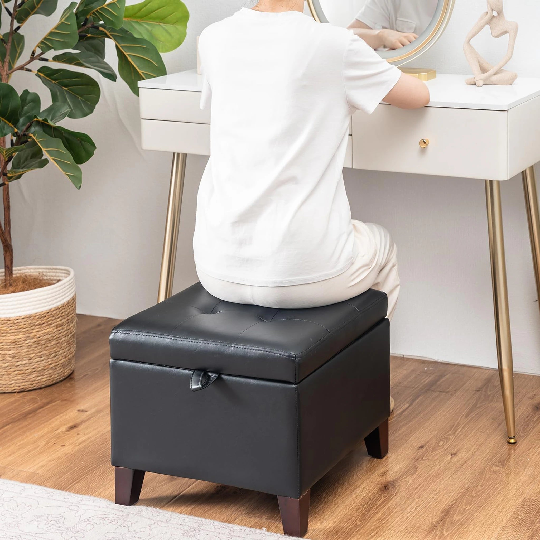Adeco Black With Solid Wood Legs Faux Leather Square Storage Ottoman – lifestyle room view