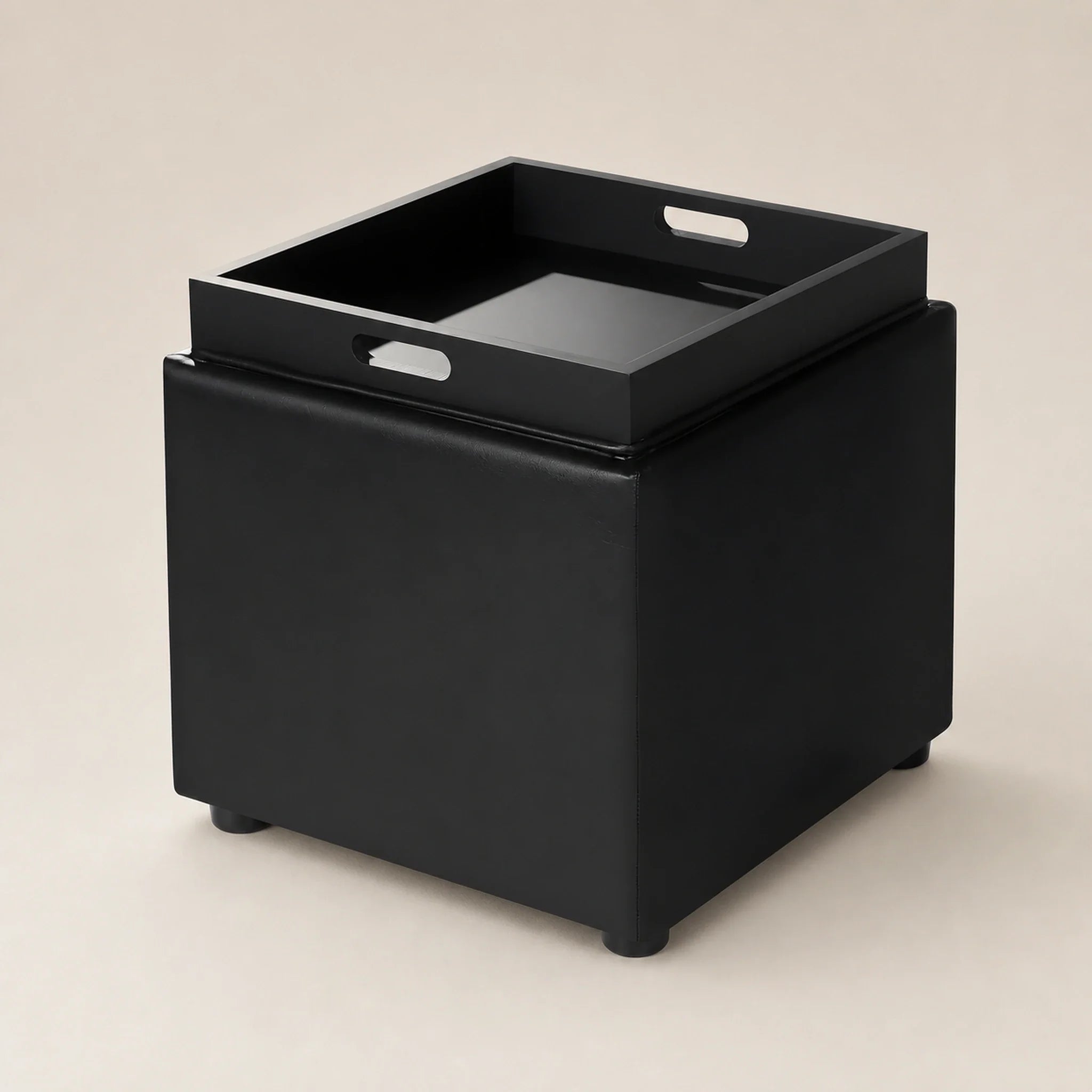 Adeco Black Leather With Tray storage ottoman – warm studio front view
