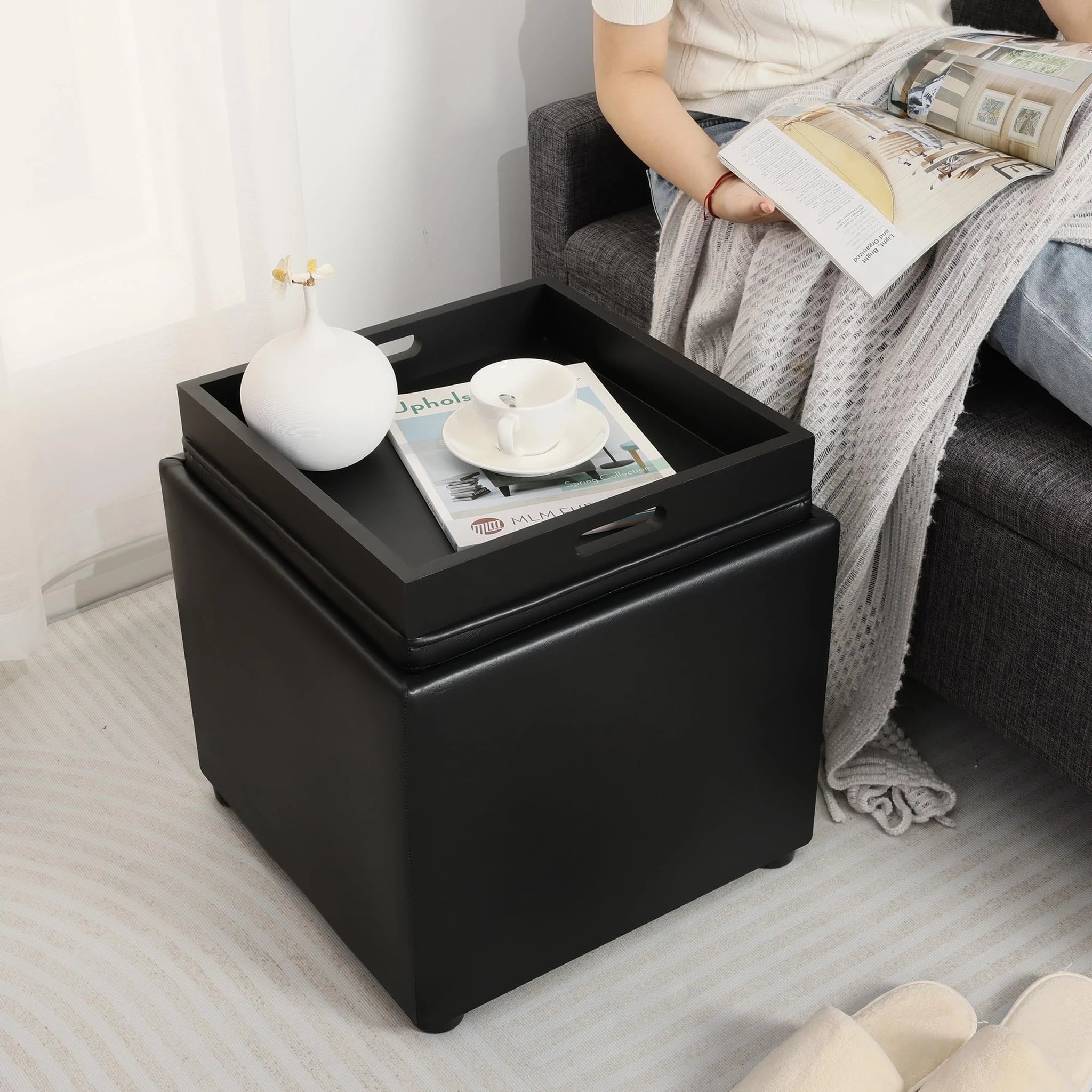 Adeco Black With Tray Tray-Top Linen Storage Ottoman – styled home scene