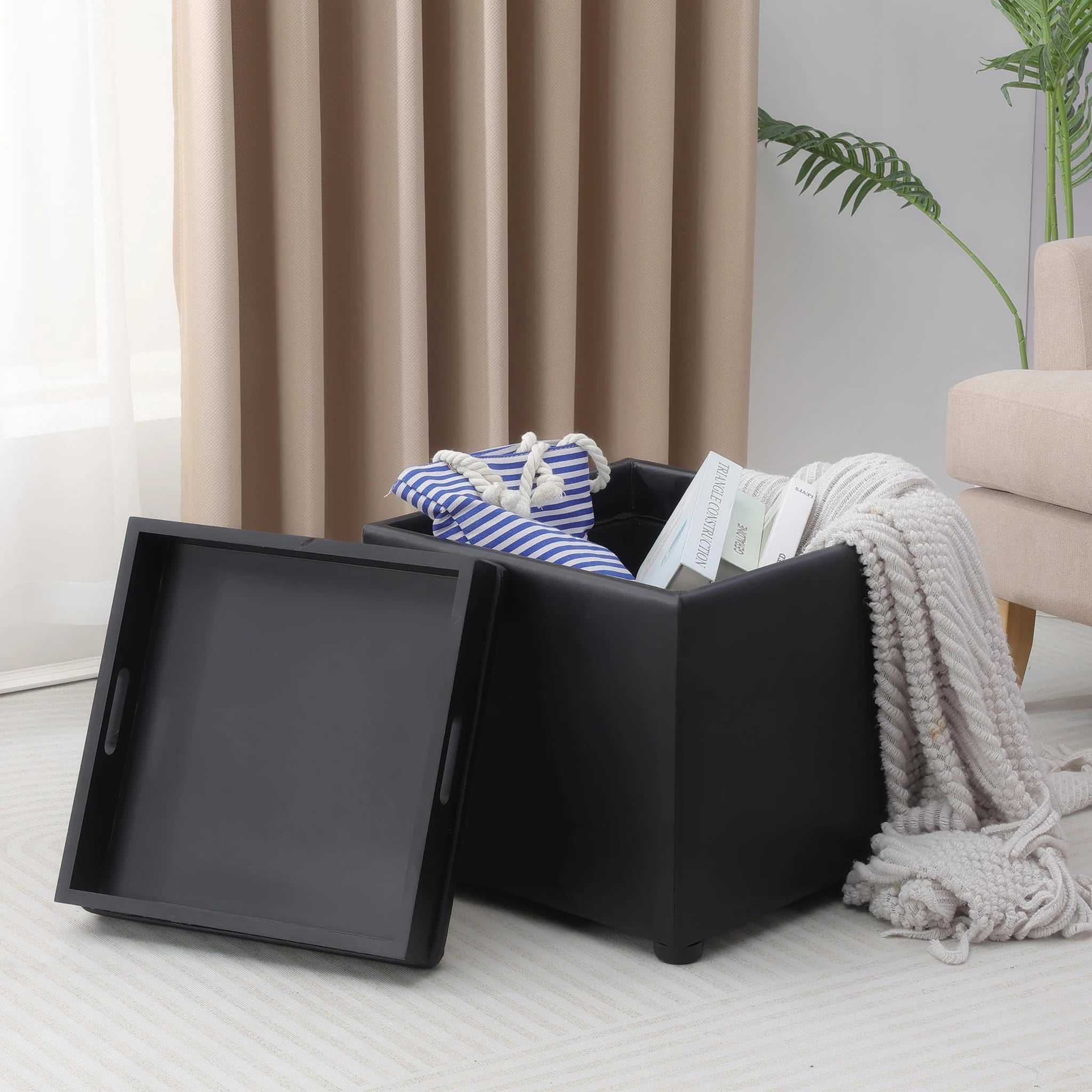 Adeco Black With Tray Tray-Top Linen Storage Ottoman – lifestyle room view
