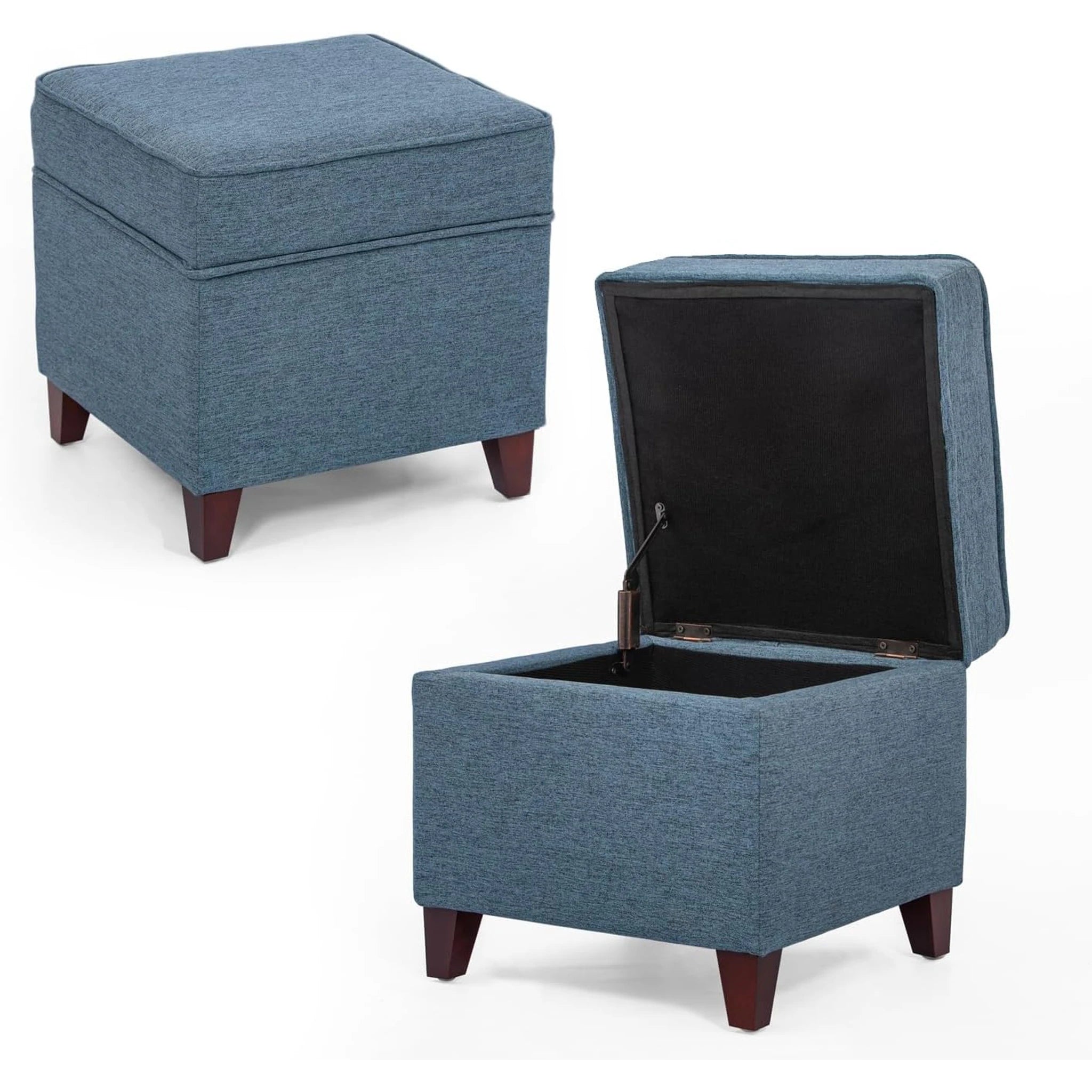 Adeco Blue Fabric Square Storage Ottoman – detail and materials view